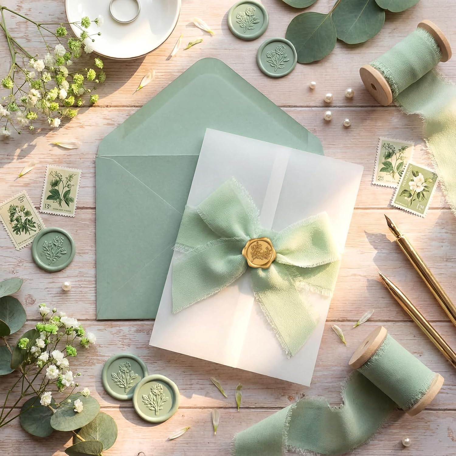 YooNotee 100 Set Wedding Invitation Wrap Set Pre Folded Vellum Jacket for 5x7 Invitations with Sage Green Envelope Gold Wax Seal Stickers Wedding Invitation Accessories Kit for Bridal Invite DIY Craft