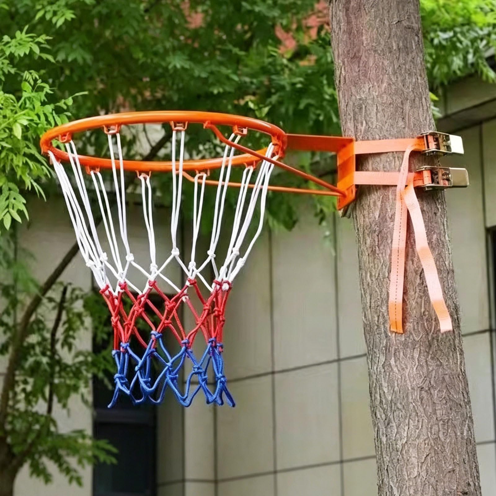 Aro de Baloncesto de Pared Exterior,Canasta Baloncesto Exterior Pared,Marcos De Red De Baloncesto Desmontable Portátil,con Correas Ajustables,para áRboles,Columna Redonda,Hierro
