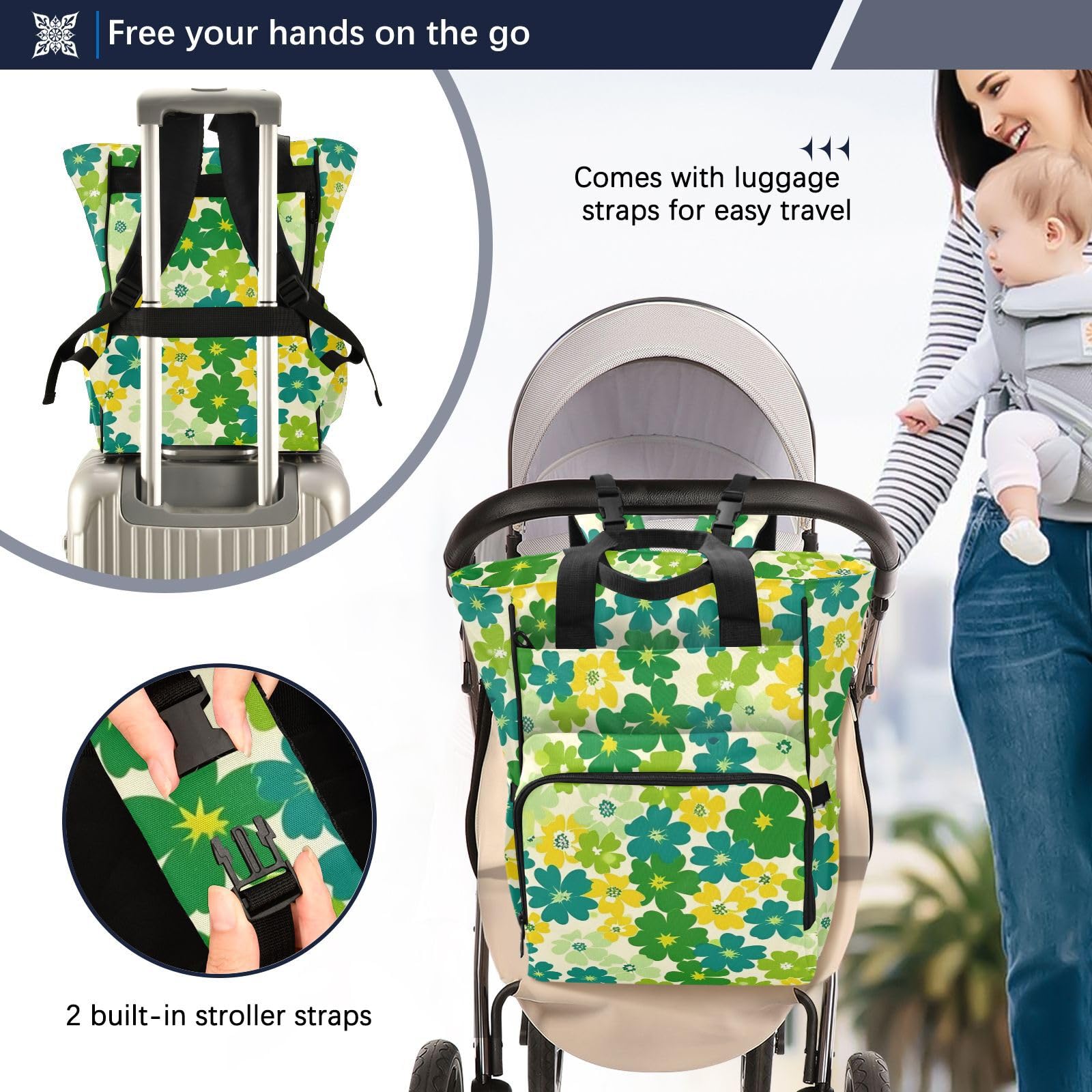 Zainetto da viaggio per neonata/ragazzo, con piccoli fiori, verde e