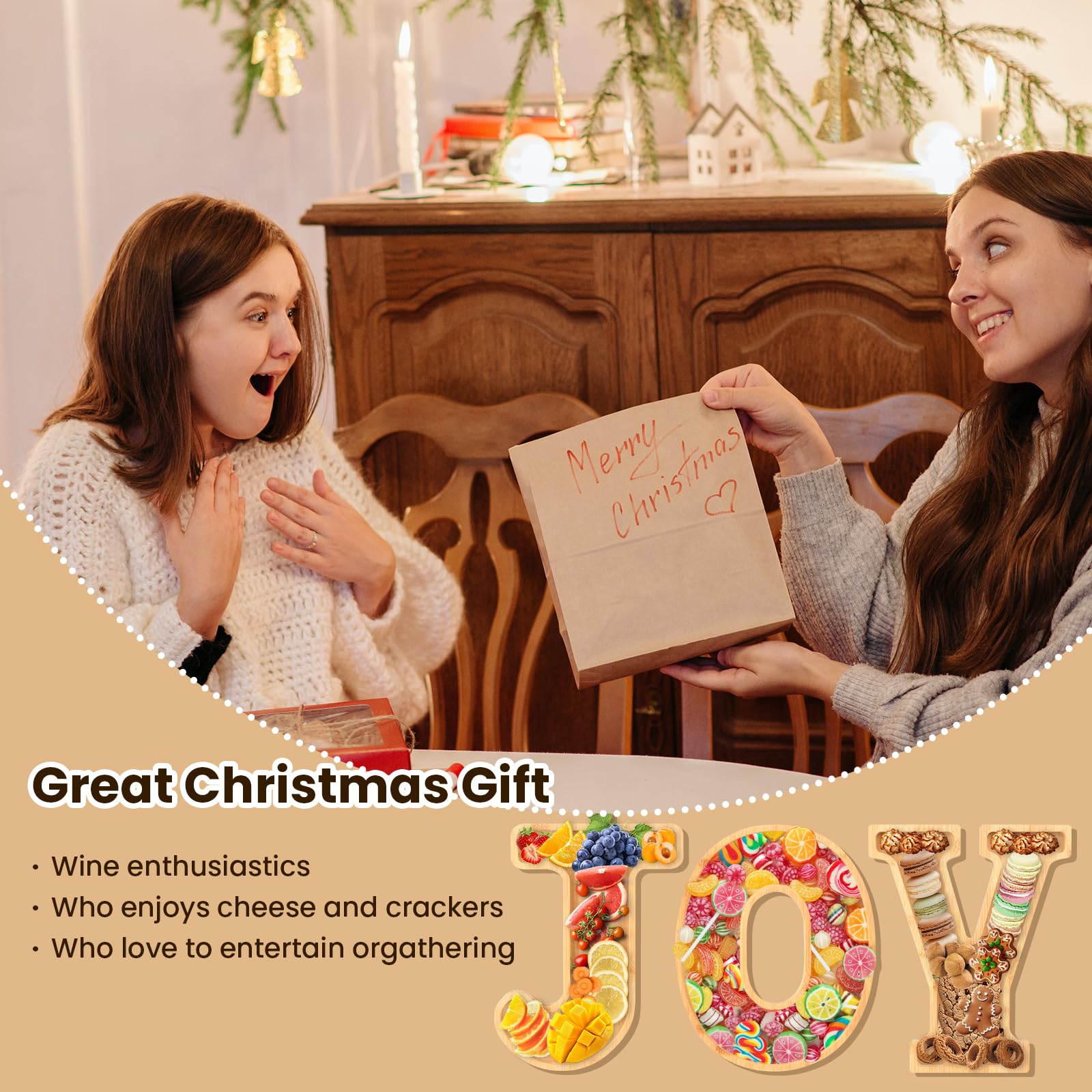 JOY Lot de 3 planches à charcuterie de Noël en bambou pour apéritif – Grand plat de Noël – Cadeau pour pendaison de crémaillère, fête de Noël