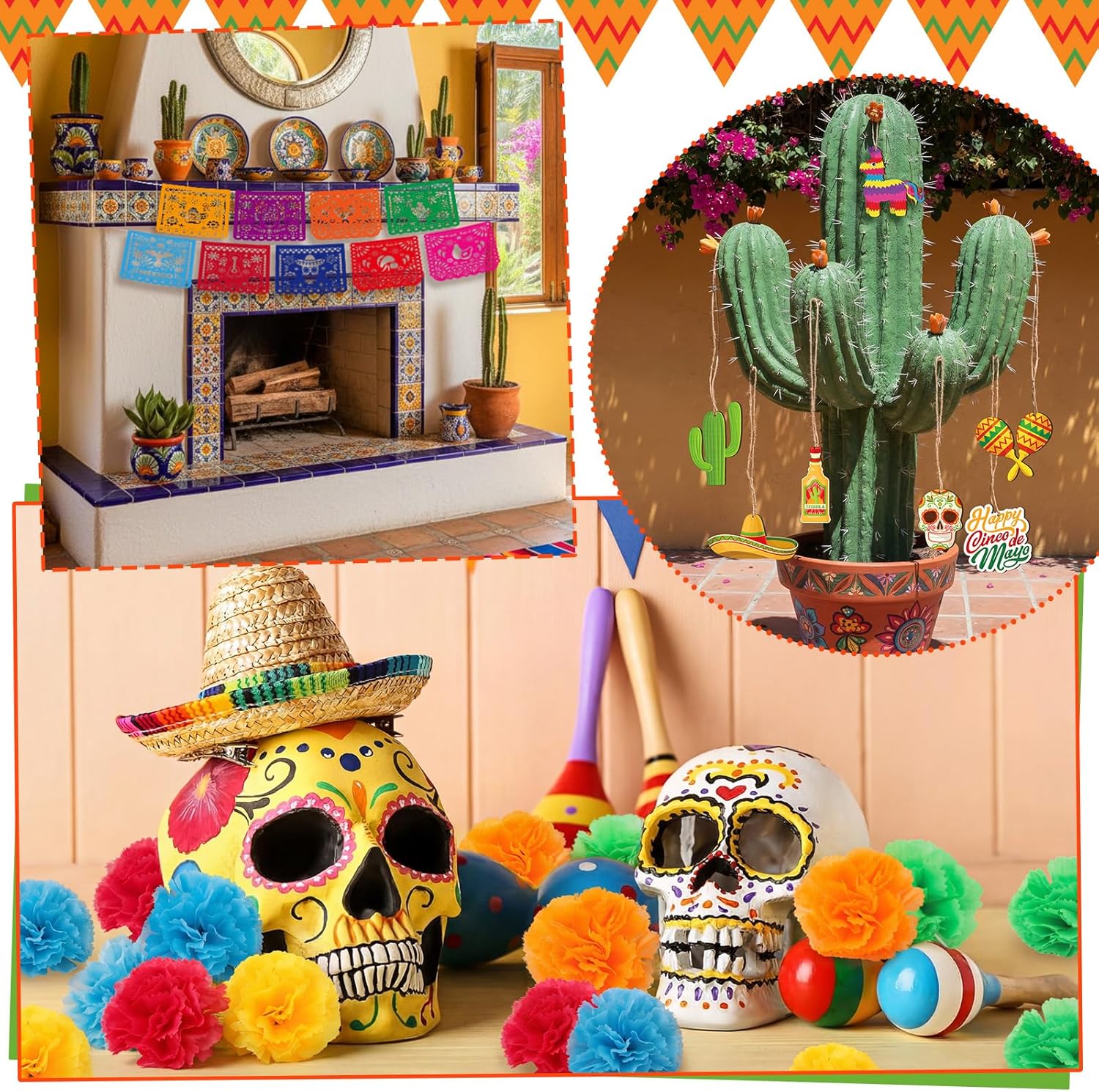 Suncalla Cinco De Mayo Party Decorations Set Mexican Party Decor Includes 4 Sombrero Hats, 2 Papel Picado Banners, 15 Hanging Balls, 16 Ornaments, 10 Marigolds