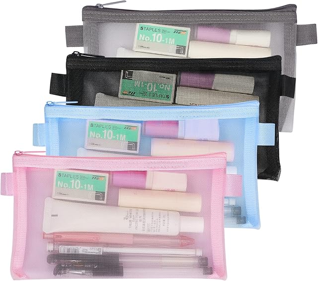 Toplive 4 Pcs Exam Pencil Case Set, Clear Pencil Case Mesh Zipper Pencil Pouch, Nylon Pen Pencil Office Stationery Storage Pouch for Students, Makeup Organiser Bag for Women