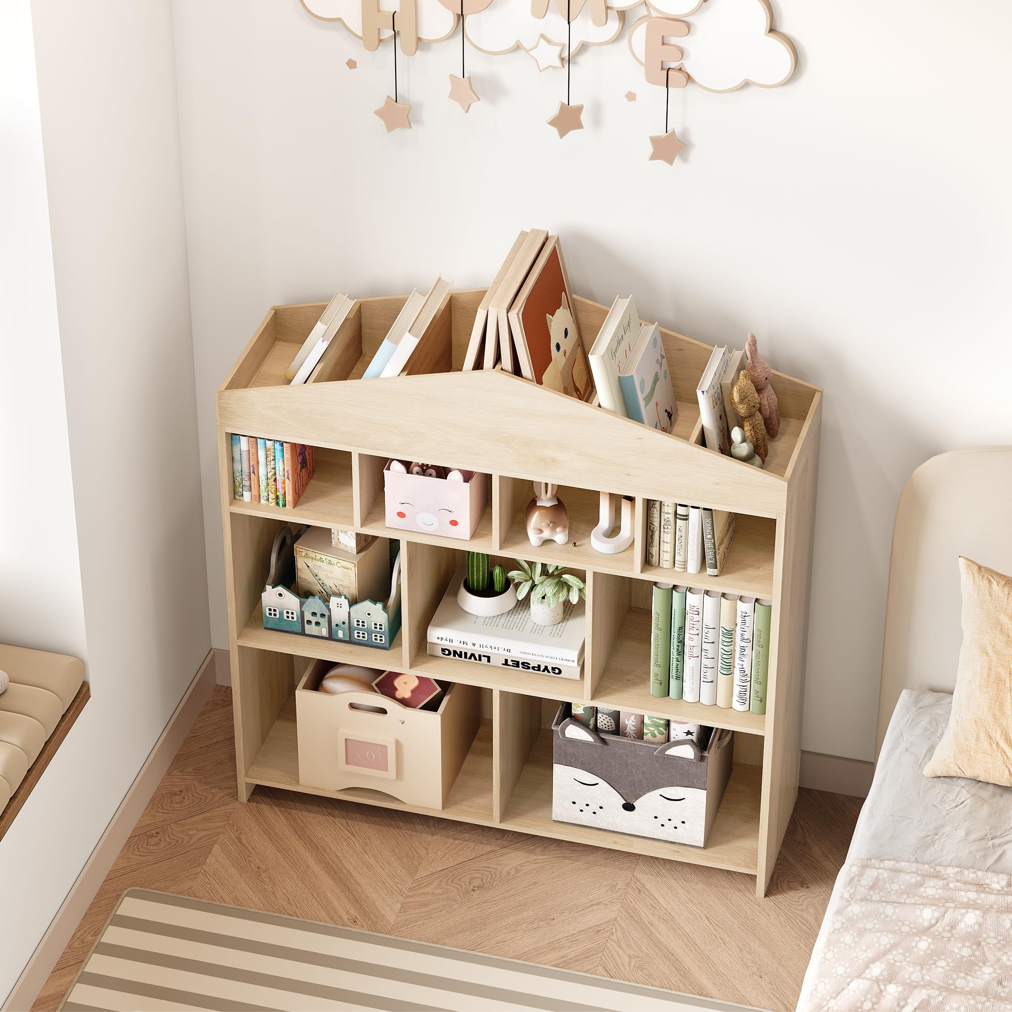 Garvee Bibliothèque Enfant en Bois – 4 Niveaux, 9 à 15 Casiers – Meuble Rangement Jouets et Livres, Design Maison, avec Kit Anti-Basculement, pour Chambre, Salle de Jeux, Crèche et École