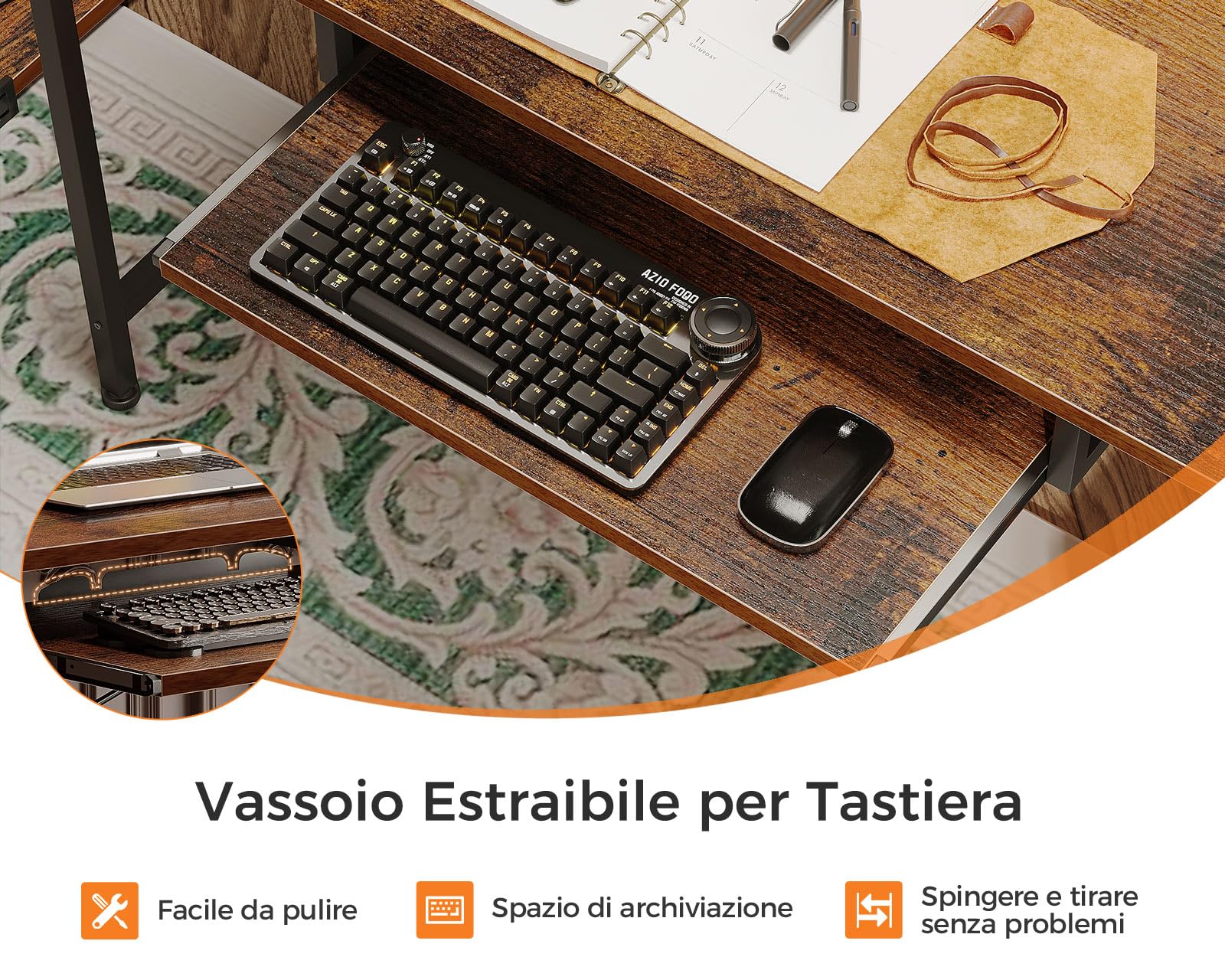 Coleshome Scrivania Gaming con LED e Prese, 140x48cm Scrivania con 2 Cassetti, Tavolo Computer Reversibile con Supporto Monitor e Vassoio per Tastiera Ufficio Casa, Marrone
