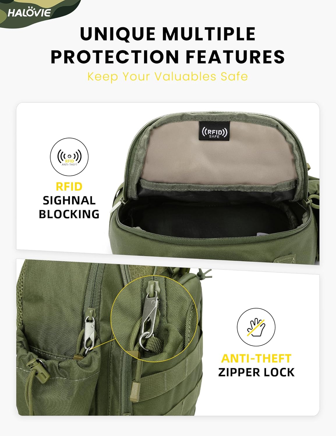 HALOVIE Anti-theft Tactical Sling Bag RFID ArmyGreen Military Shoulder Bag with Phone Pack EDC Molle Crossbody Bag for men - Image 2