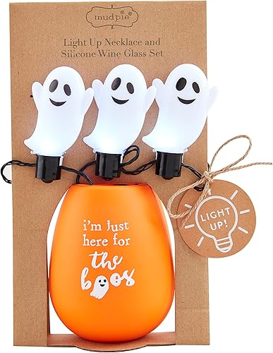 Mud Pie Juego de copas de vino de Halloween iluminadas, aquí para los abucheos, 3" x 3 12