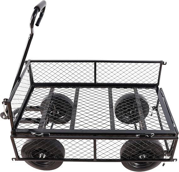 Solid Wheels Wagon cart Large-Capacity mesh Steel Garden Trolley with Detachable Side Without Inflatable Tires can be Used in fams,Warehouses and so on.The Load can Reach 1100 pounds.