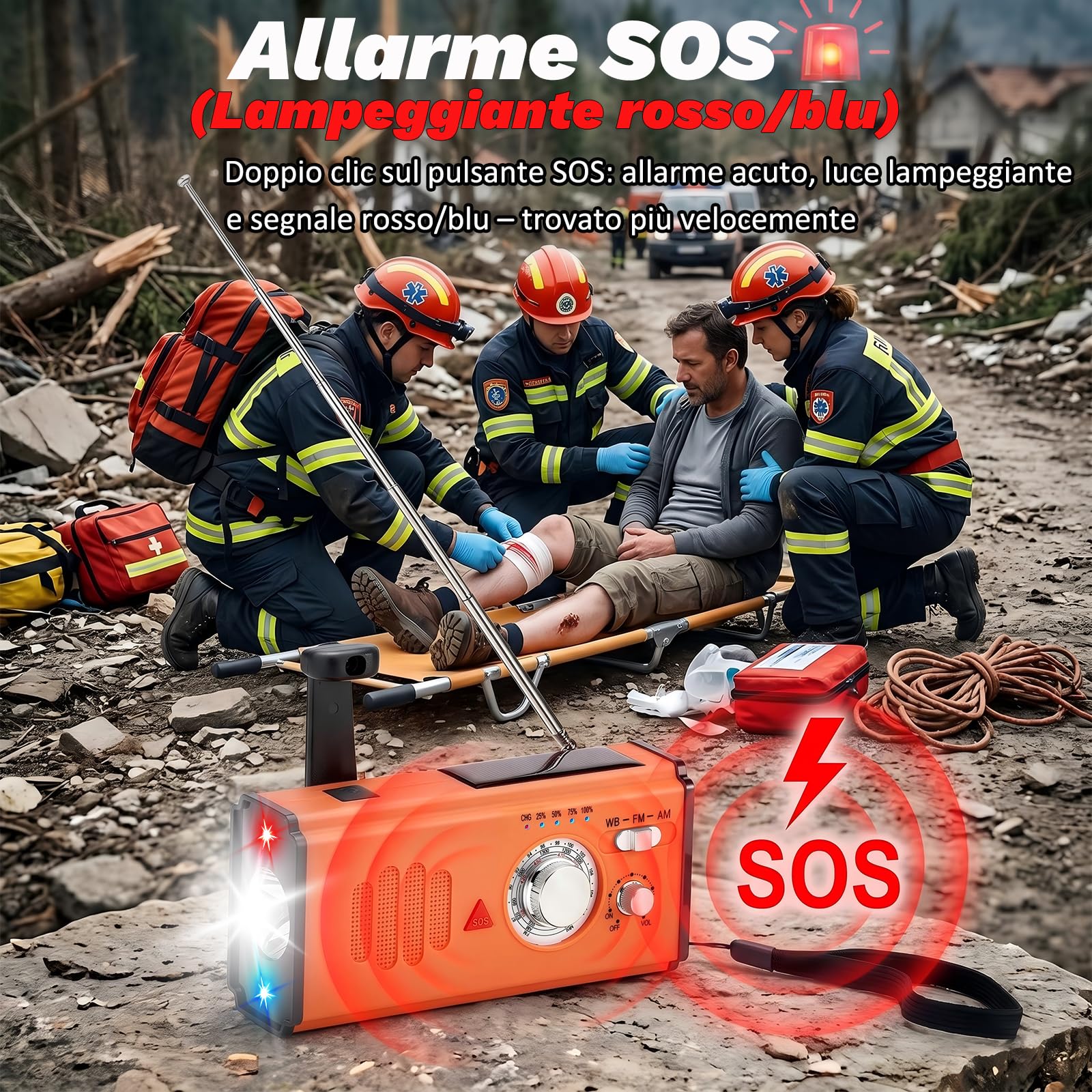 Radio a Manovella di Emergenza con Power Bank 4000mAh, Radio Solare Portatile AM/FM/WB, Torcia LED e Allarme SOS per Campeggio