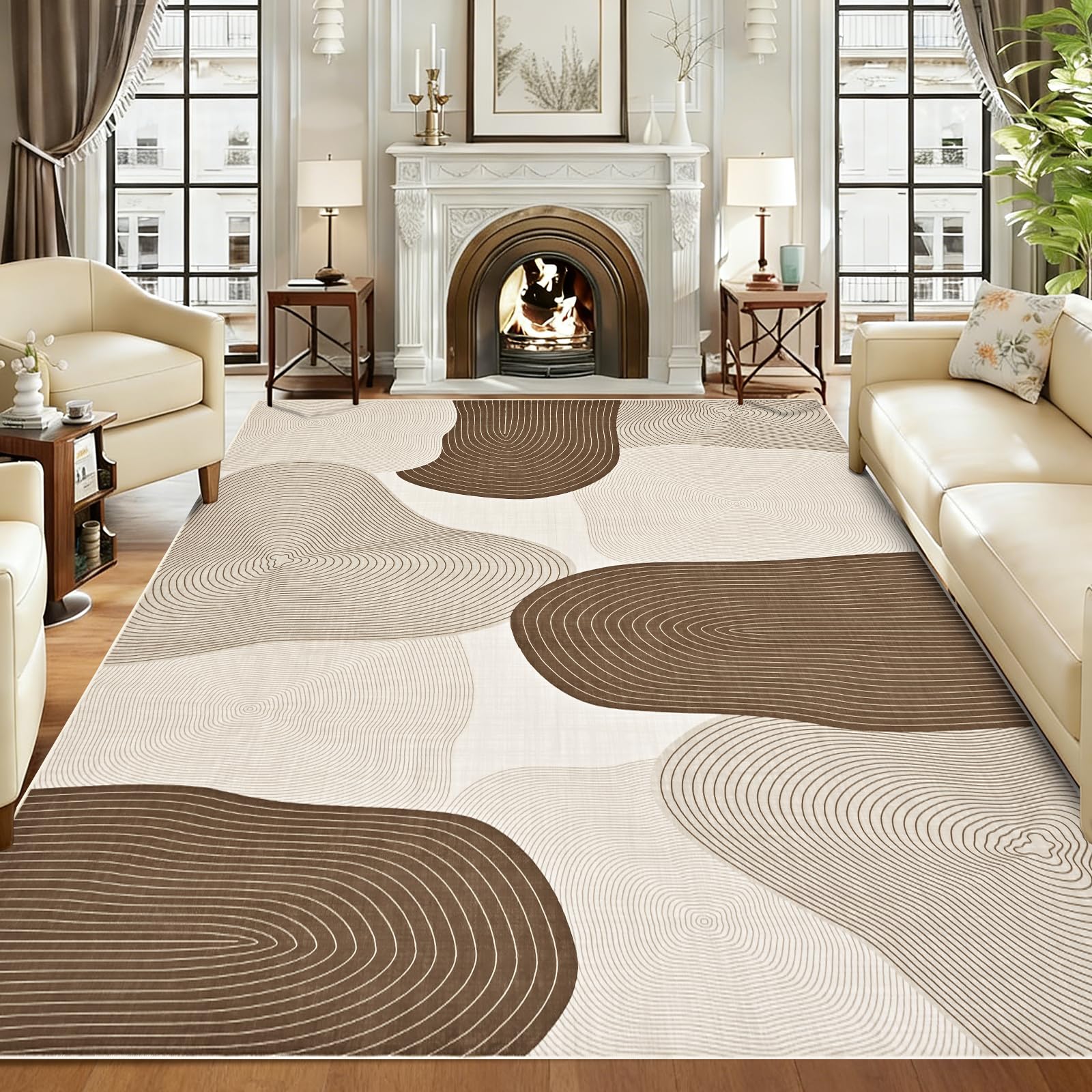 Alishomtll Tappeto per soggiorno, 160 x 230 cm, lavabile, antiscivolo, a pelo corto, linee geometriche moderne, facile da pulire, durevole, grande, rettangolare, marrone