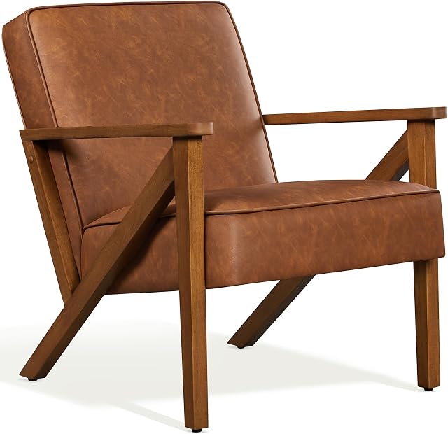 Yaheetech PU Leather Armchair, Modern Tub Chair, Retro Lounge Sofa Chair with Wooden Frame and Comfy Seat for Living Room/Bedroom/Home Office, Light Brown