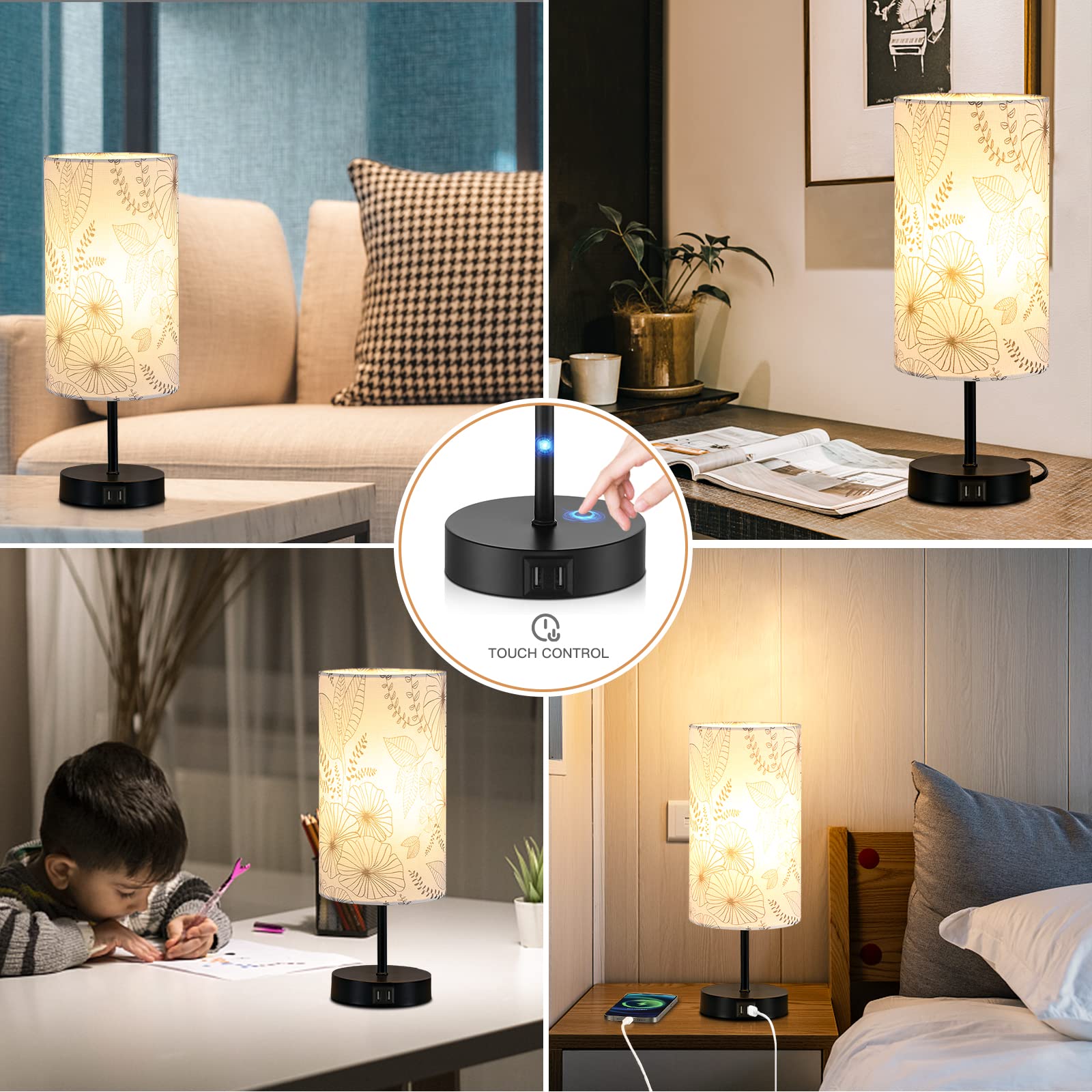 Lámpara de noche con control táctil con 2 puertos USB, lámpara de mesa regulable de 3 vías para dormitorio, lámpara de mesita de noche con pantalla redonda de tela de flores para sala de 8