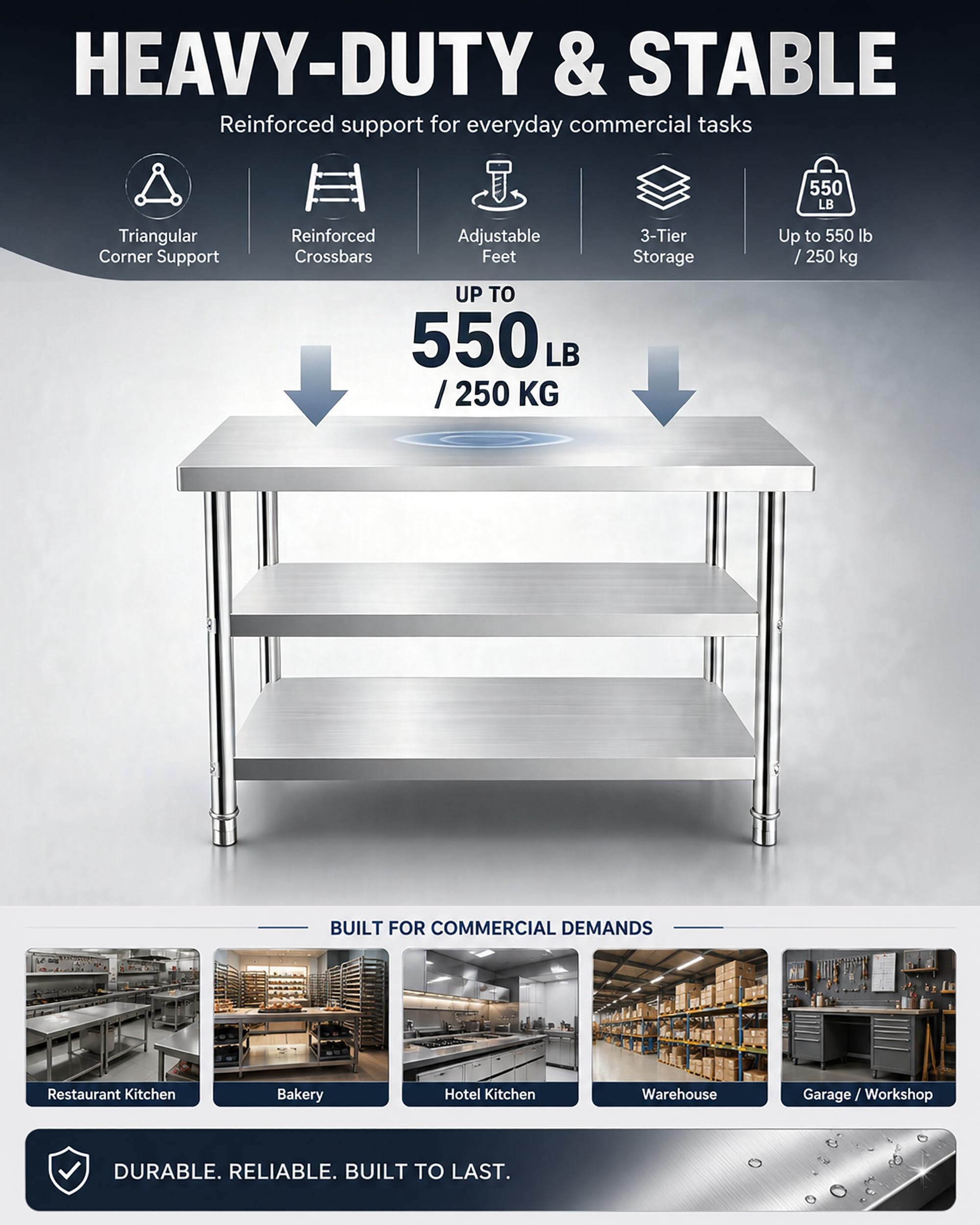 Banco da Lavoro Garage in Acciaio Inox A 3 Ripiani H 95 Cm, Tavolo da Esterno per Grigliate Scaffali Acciaio Inox Banco da Cucina per Ristoranti Negozi Magazzini,120x50x95cm