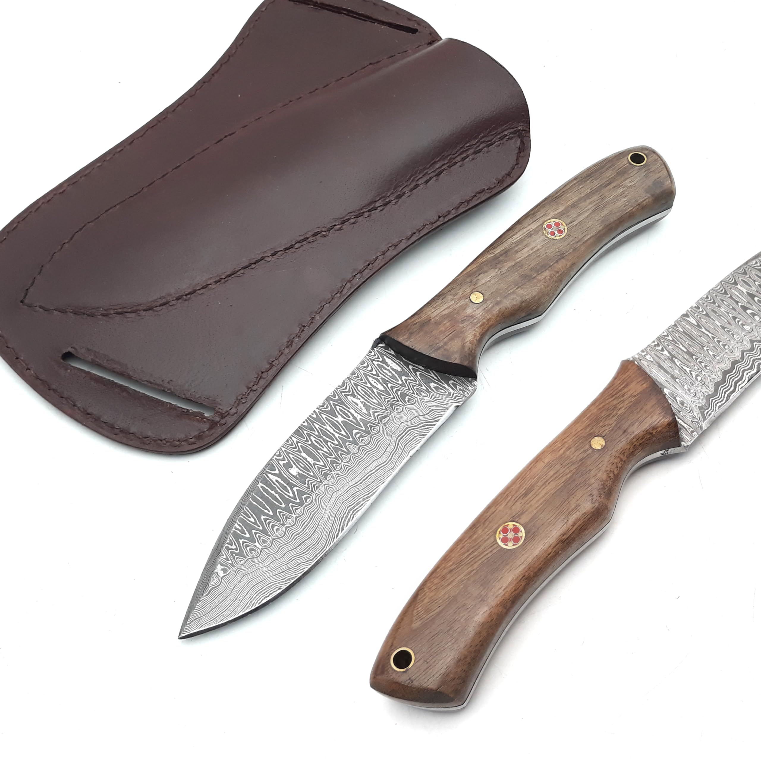 ANCILLA Handmade Damascus Hunting Knife with Walnut Handle, 8 inch Blade, Brown/Silver