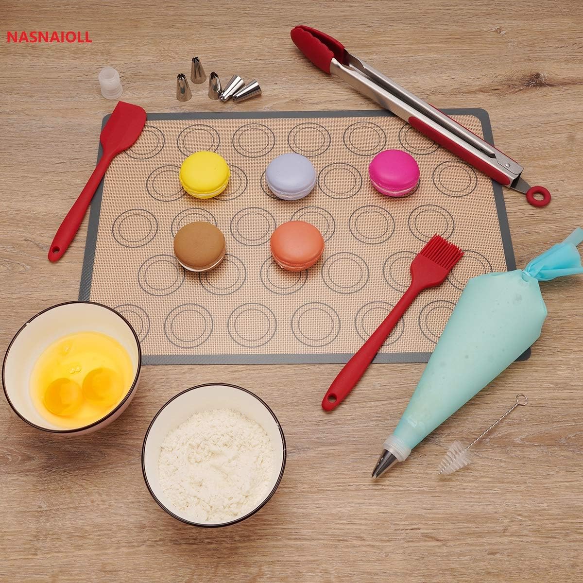 NASNAIOLL Silicone Macaron Mat Kit,Baking Mat Sheet:2Half Sheet mats 11.6"x16.5"+1Pastry Brush+1Spatula+6Piping Tips+2Piping Bags+2Bags Tie+2Baking mat Tie+2Couplers+1Tongs+1Cleaning brush+2Macaronbox