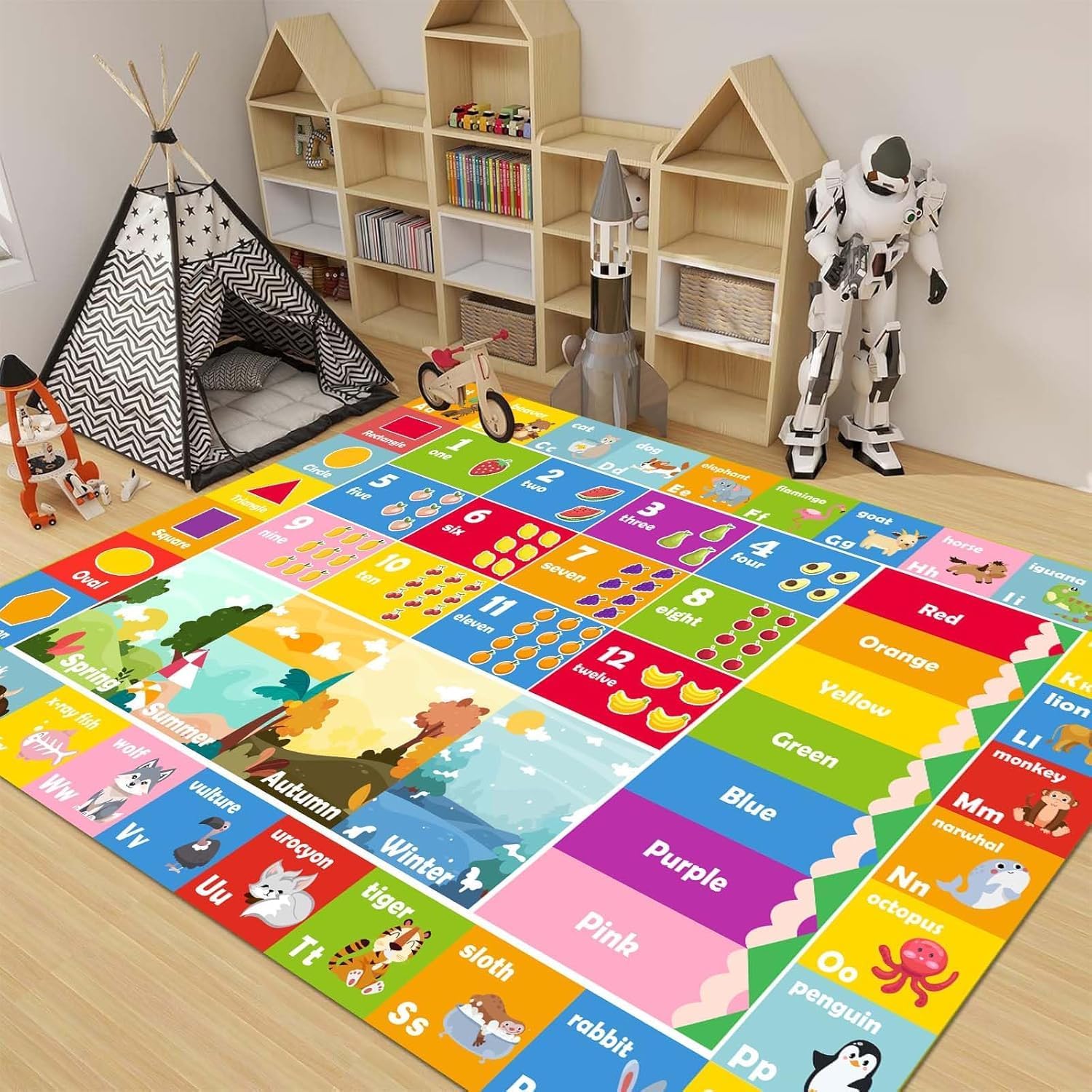 47x71in Kids Rug ABC Rug, Play Mat for Kids Playroom ABC Educational Area Rug for Playroom Classroom Elementary Preschool Rugs wtih Numbers Animals