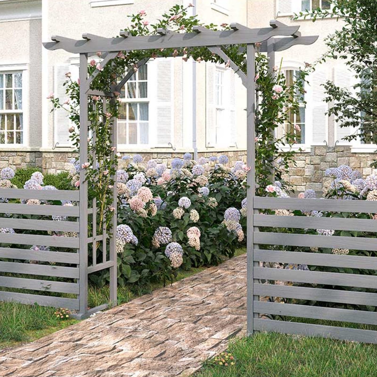 Drewniany łuk ogrodowy z bramą, pergola zewnętrzna do roślin pnących, dekoracje ślubne, przyjęcia ogrodowe, trwałe, brązowe wykończenie