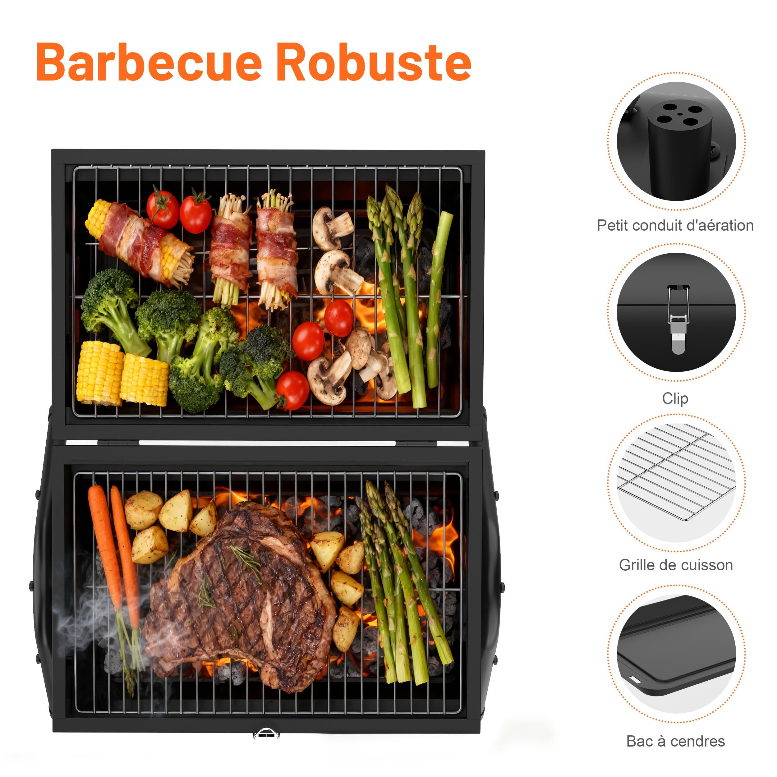 Barbecue Portable à Charbon de Bois, 2-en-1 Mini Barbecue de Table avec Grille Chromée, Poignée Froide et Verrou de Sécurité, Compact pour Camping, Jardin, Balcon