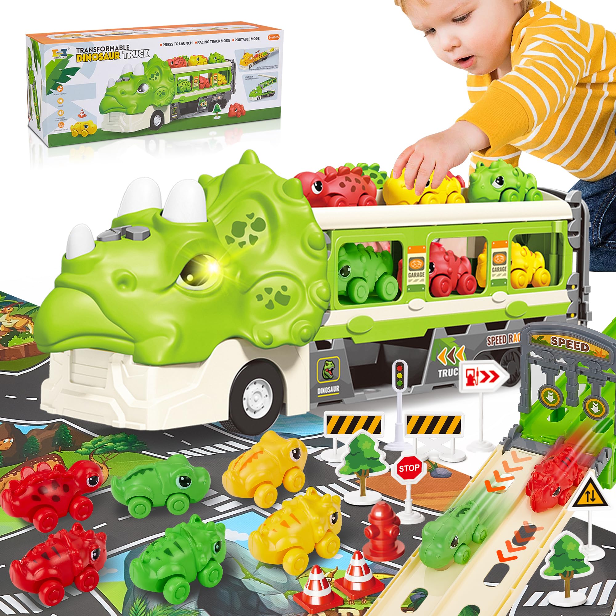 JOYTREKY Dinosaurier-Spielzeugset mit 6 Dinosauriern Aktivitäts-Spielmatte Triceratops-Transporter Tragelastwagen für 3–5-jährige Jungen Kleinkindgeburtstag – Grün