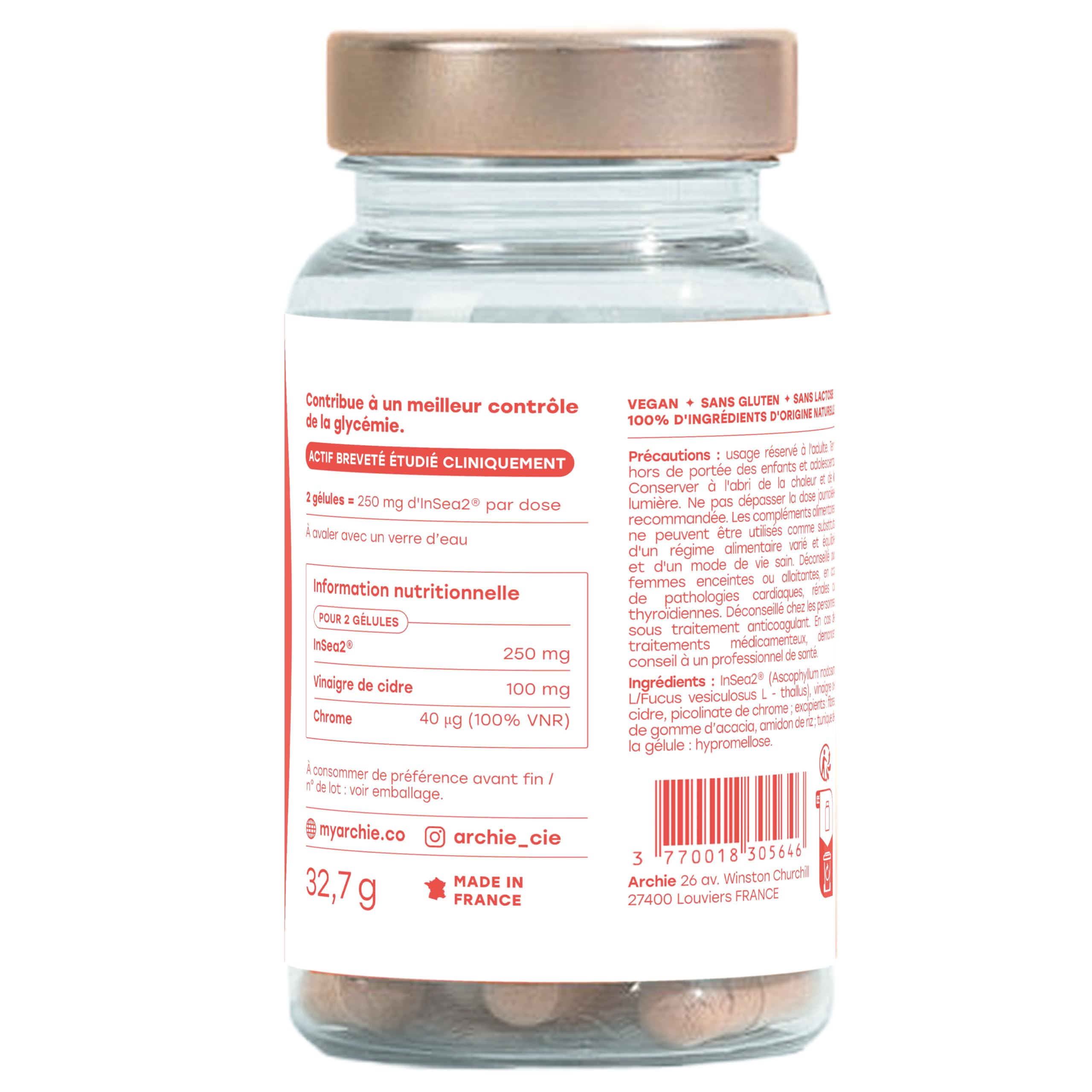 Archie, Gélules avec Chrome + Actif Breveté Biologique - Maintient une Glycémie normale. 8 études cliniques. Naturel, Vegan, Made in France. Cure de 1 mois. 60 gélules.