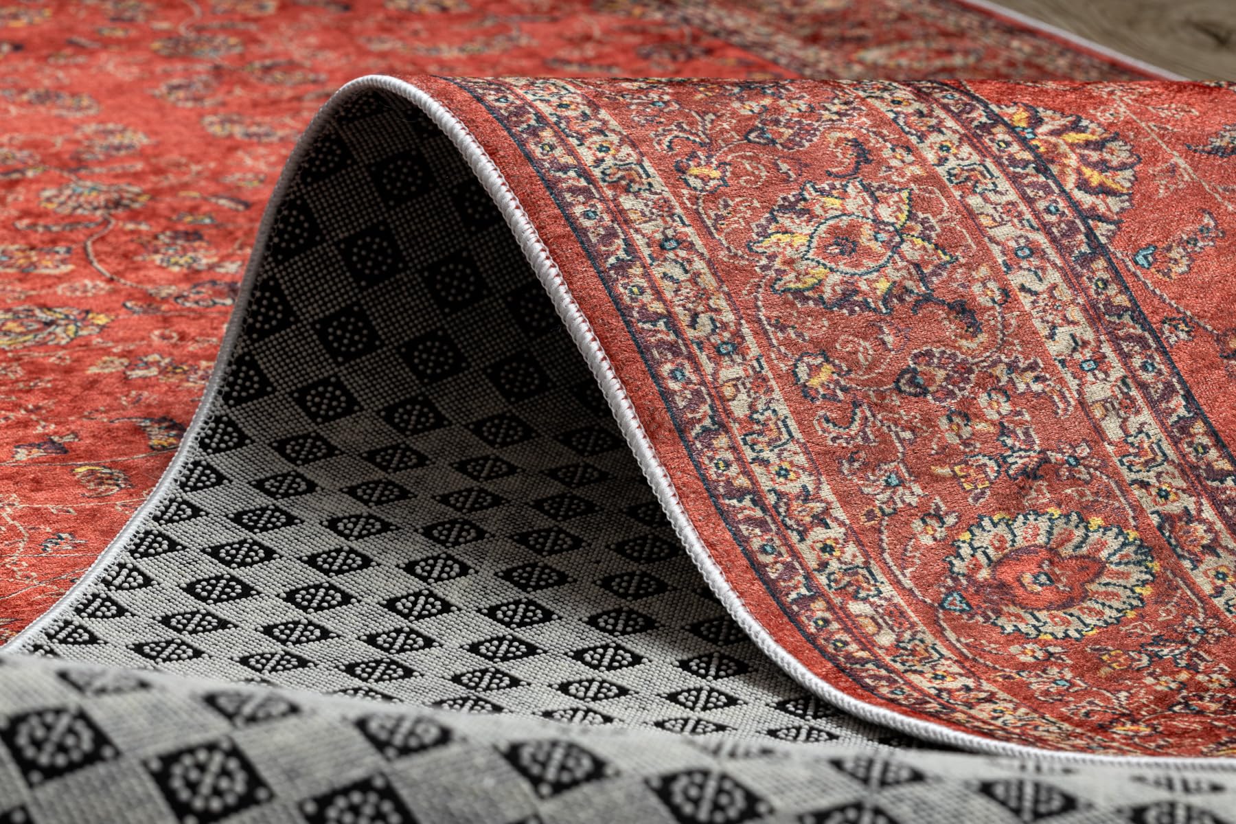 rugsx Tapis Antidérapant Lotus Tradition 58160 Classique, Ornement Rouge - Lavable - 80x400 cm - Tapis de Couloir Antiglisse pour Cuisine et Entrée