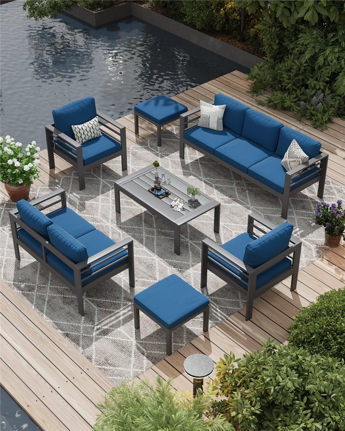 AECOJOY 7 Pieces Aluminum Outdoor Patio Furniture Set, 9 Seats, Blue