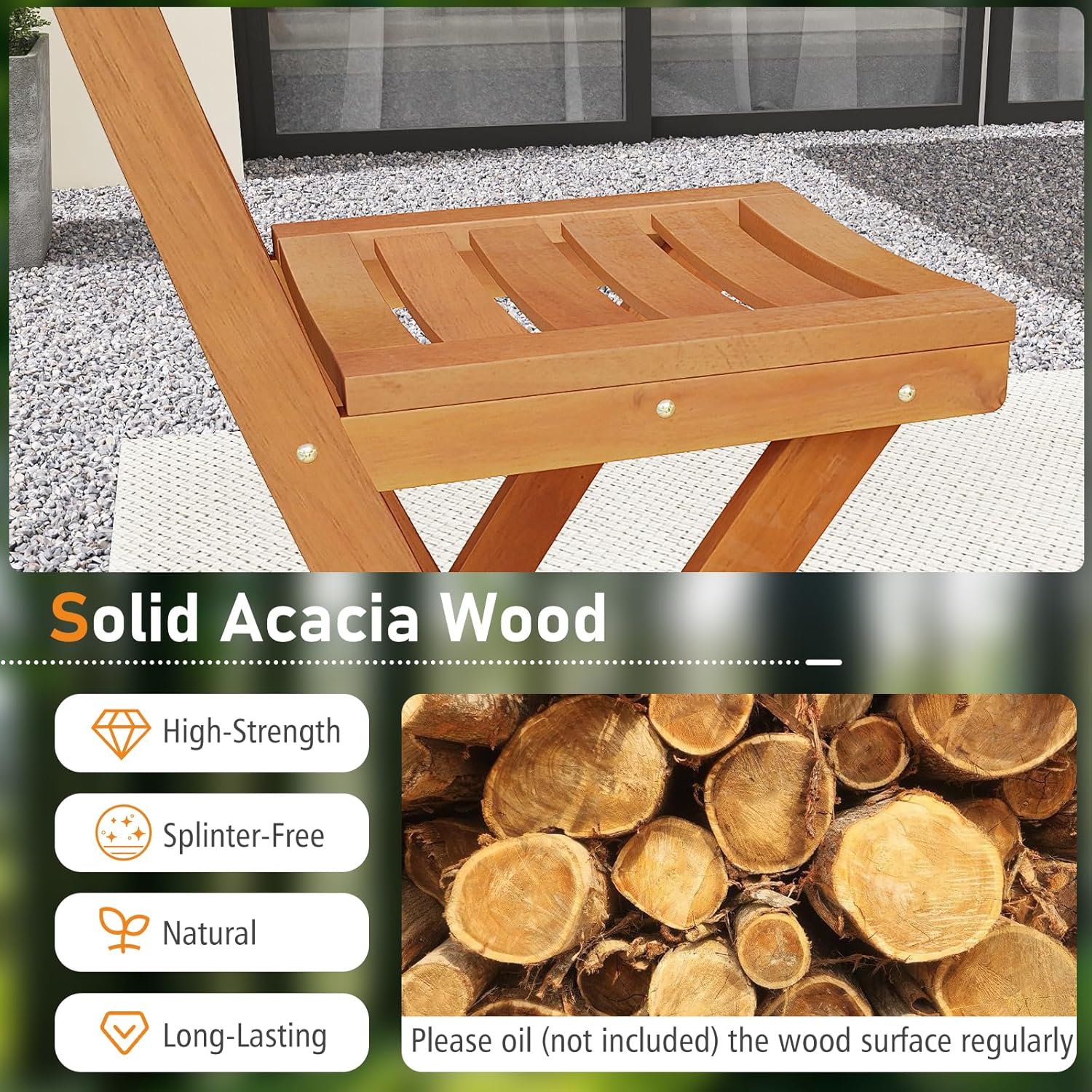 Tangkula Patio Folding Barstool, Outdoor Portable High Top Acacia Wood Bar Height Chair with Backrest & Footrest,for Backyard, Garden, Front Porch (1)