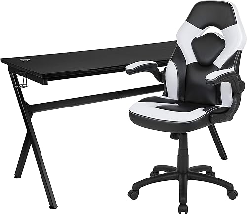 Miniatura 541 de Flash Furniture Juego de escritorio para juegos negro y silla de carreras blanco/negro con soporte para tazas, gancho para auriculares y soporte