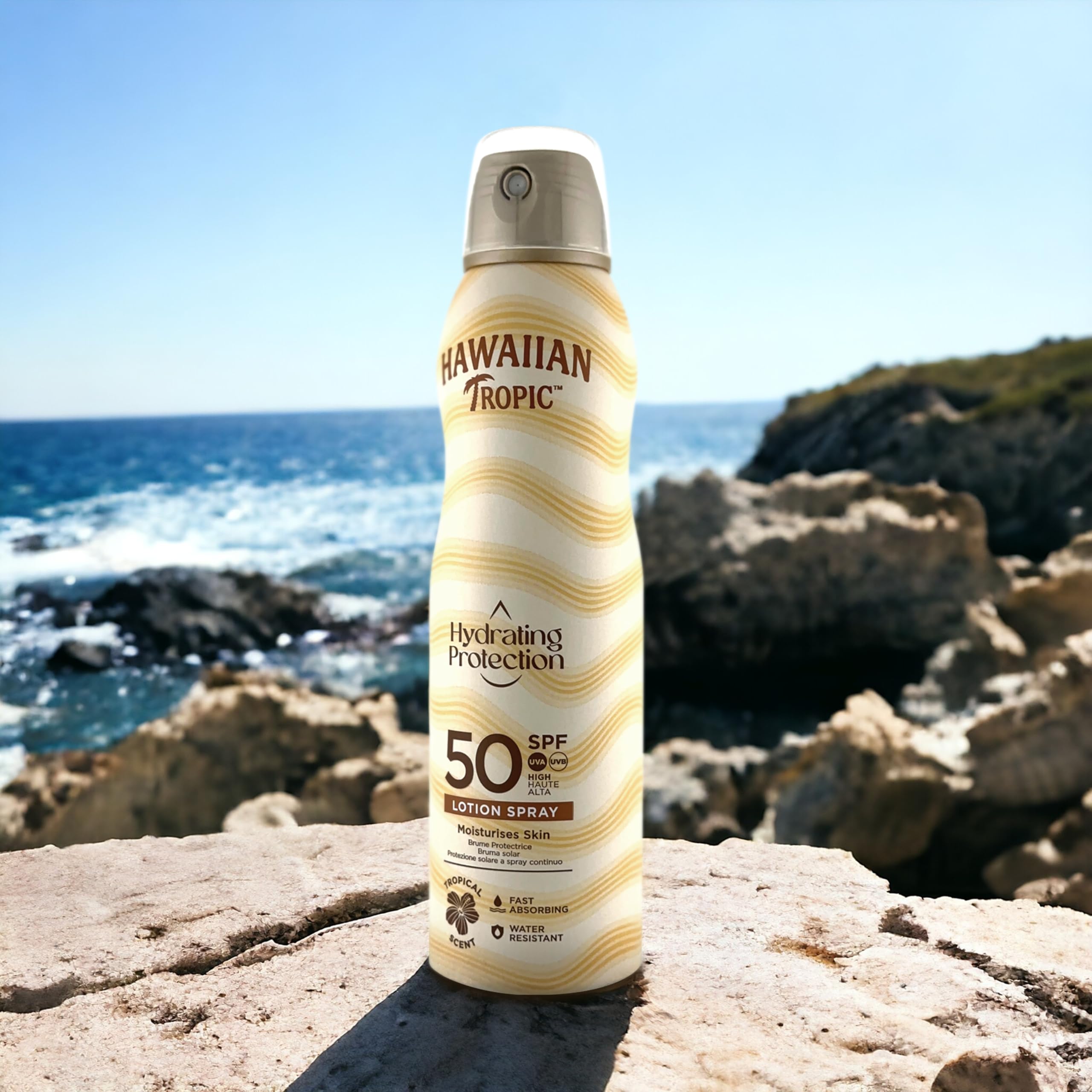 Hawaiian Tropic Brume protectrice hydratante, Résistante à l’eau, SPF 50, Protection UVA + UVB, Écran solaire, Senteur tropicale, Lotion solaire en brume, 220ml