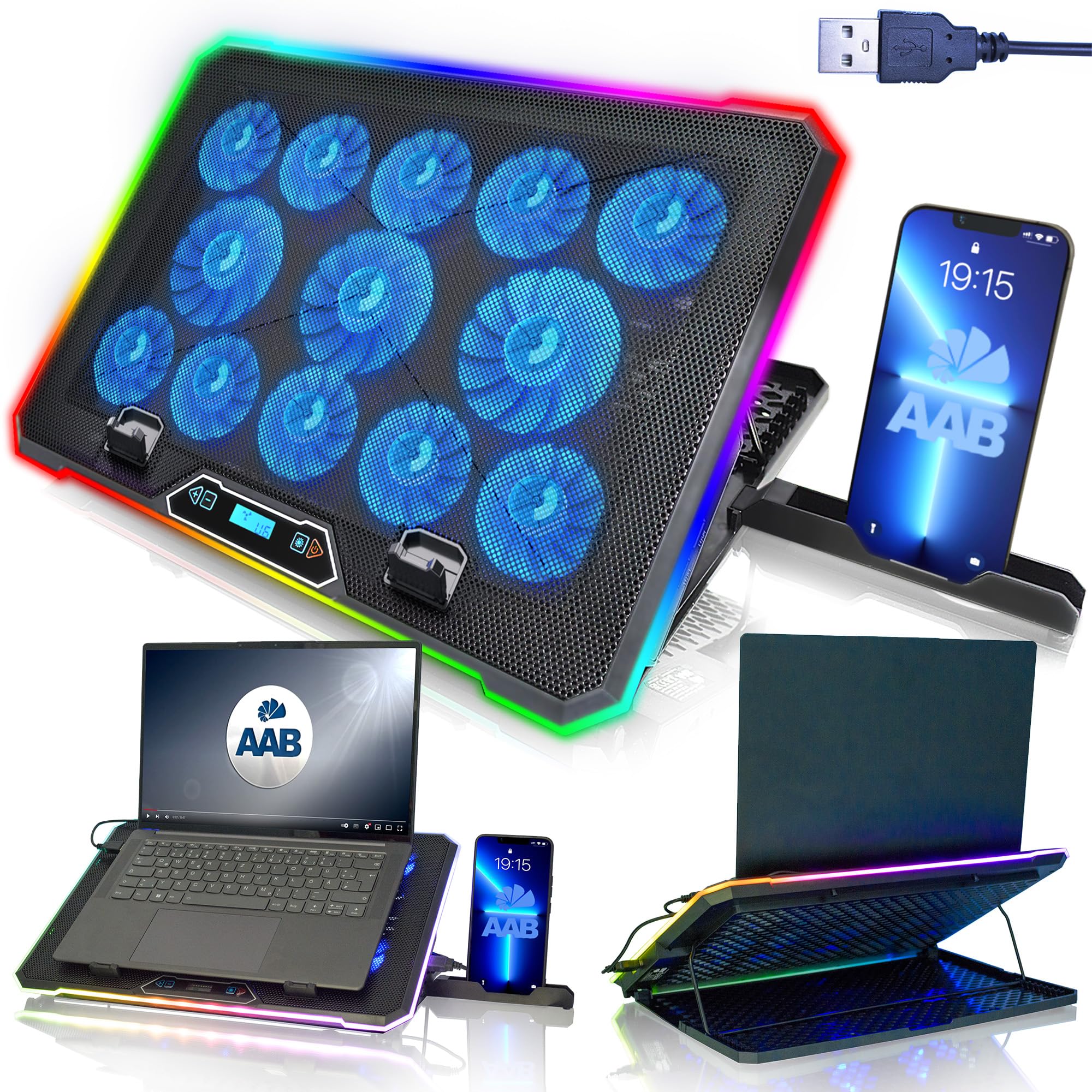 AABCOOLING QUANTUM - Ventola PC Portatile da 9-17" con Supporto per Telefono, 13 Ventole Silenziose ed Efficienti, Base Raffreddamento, 9 Livelli di Altezza, Supporto Notebook, Laptop Stand RGB