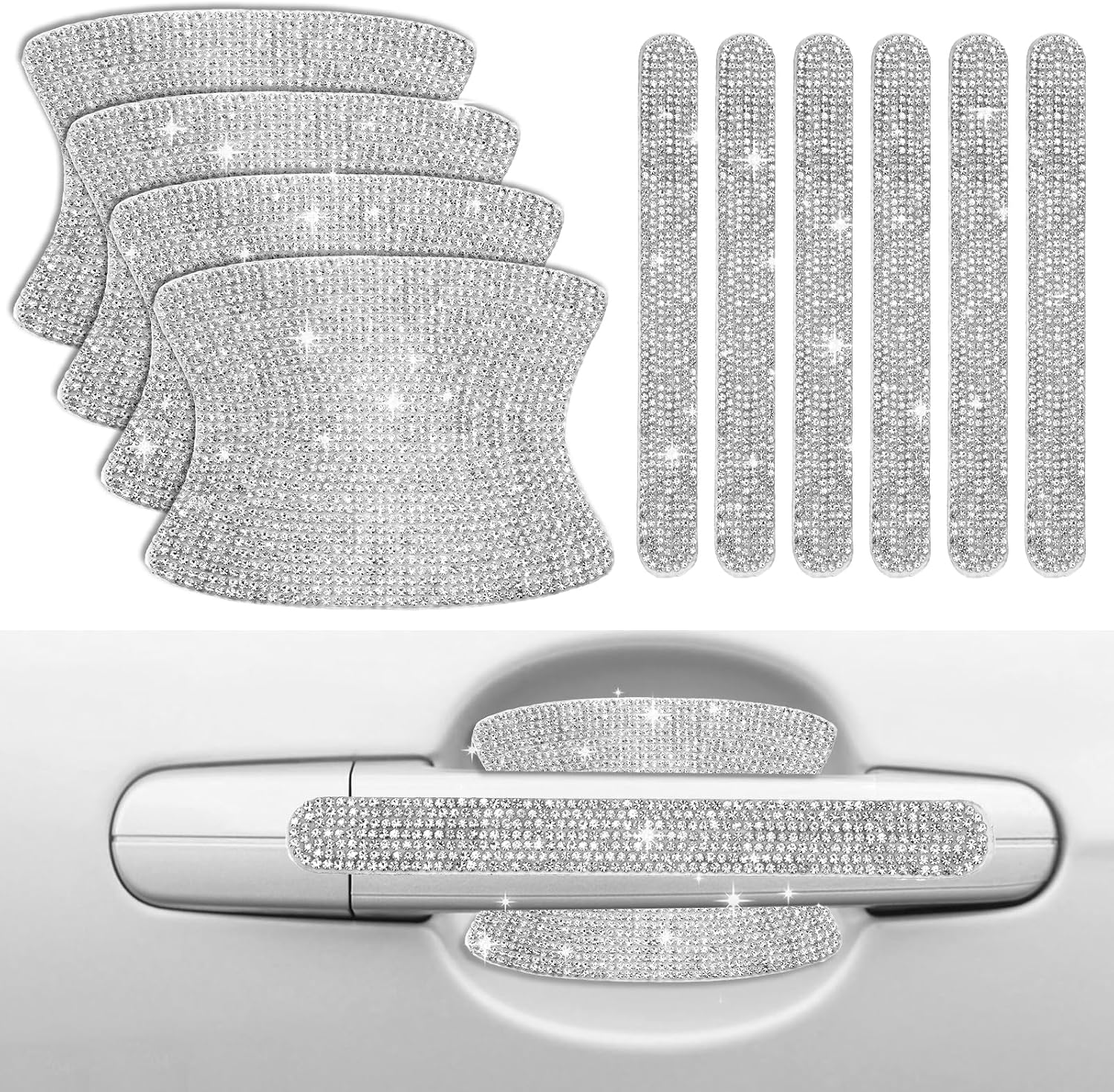 Crystal Car Door Handle Scratches Protector - 10PCS Silver Rhinestone Stickers - Bling Auto Accessories for Women