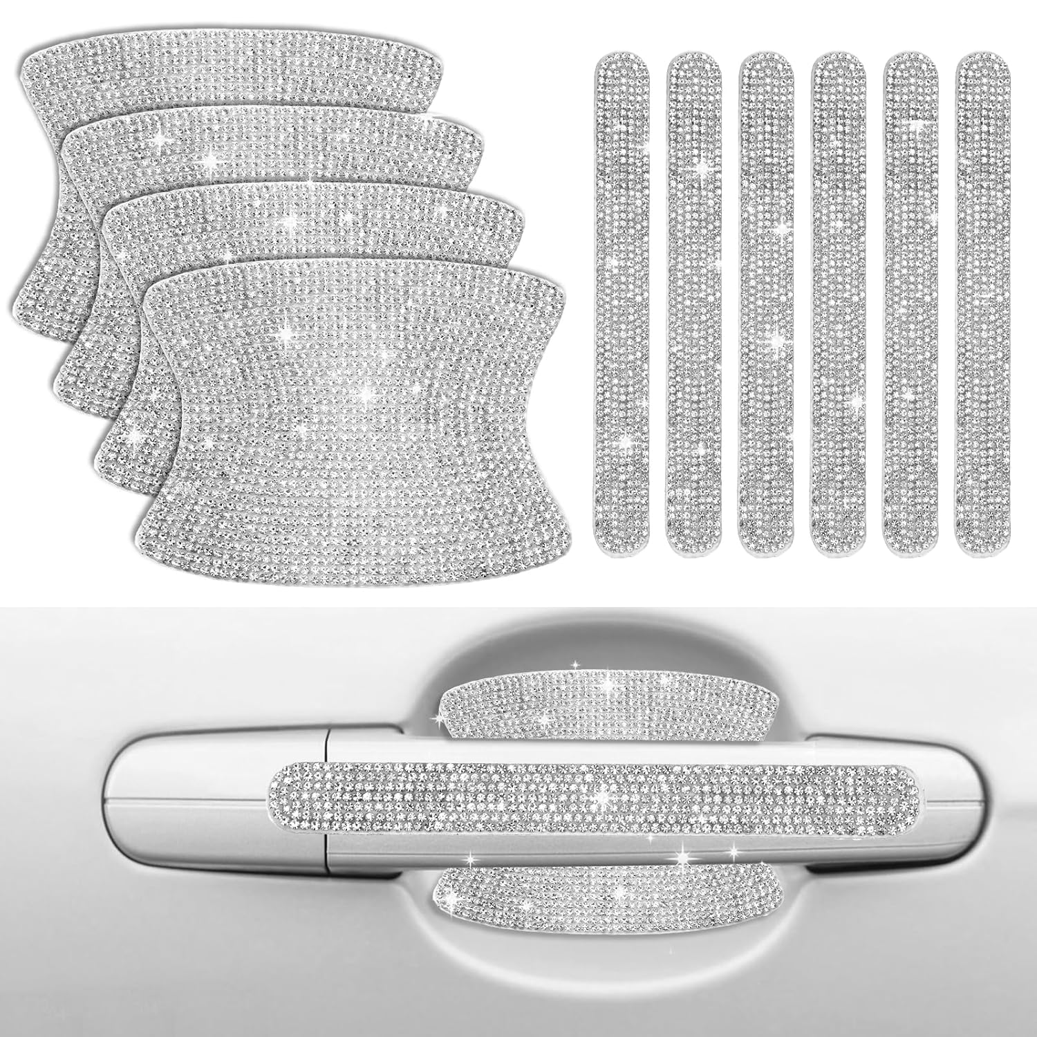 Crystal Car Door Handle Scratches Protector - 10PCS Silver Rhinestone Stickers - Bling Auto Accessories for Women