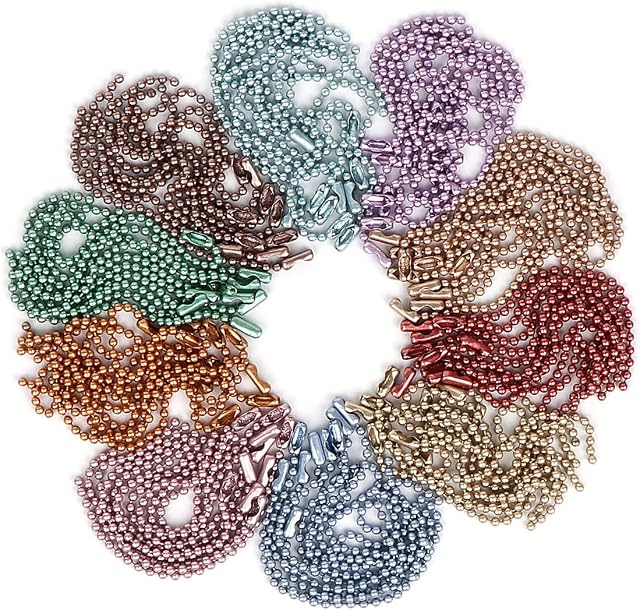 Rojwei 100pcs Nickel Free Mixed Color Metal Ball Chain with 100pcs Connectors Clasps (Chain Width 2.4mm+4inch Size), Great for Brag Tags Key Chain