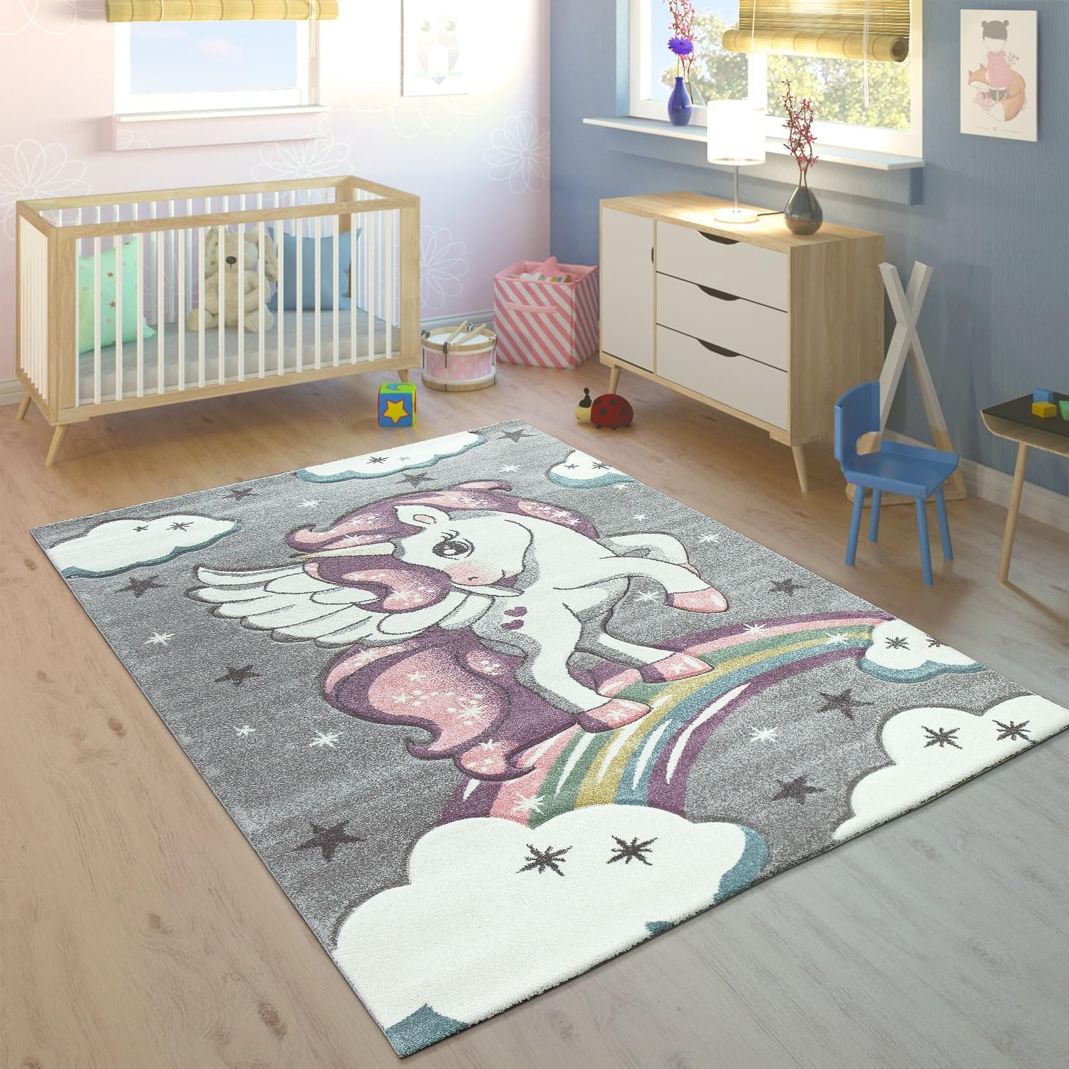 Paco Home Kids Rug Cute Unicorn on Rainbows and Stars in Pink, Size: 4'7" x 6'7"