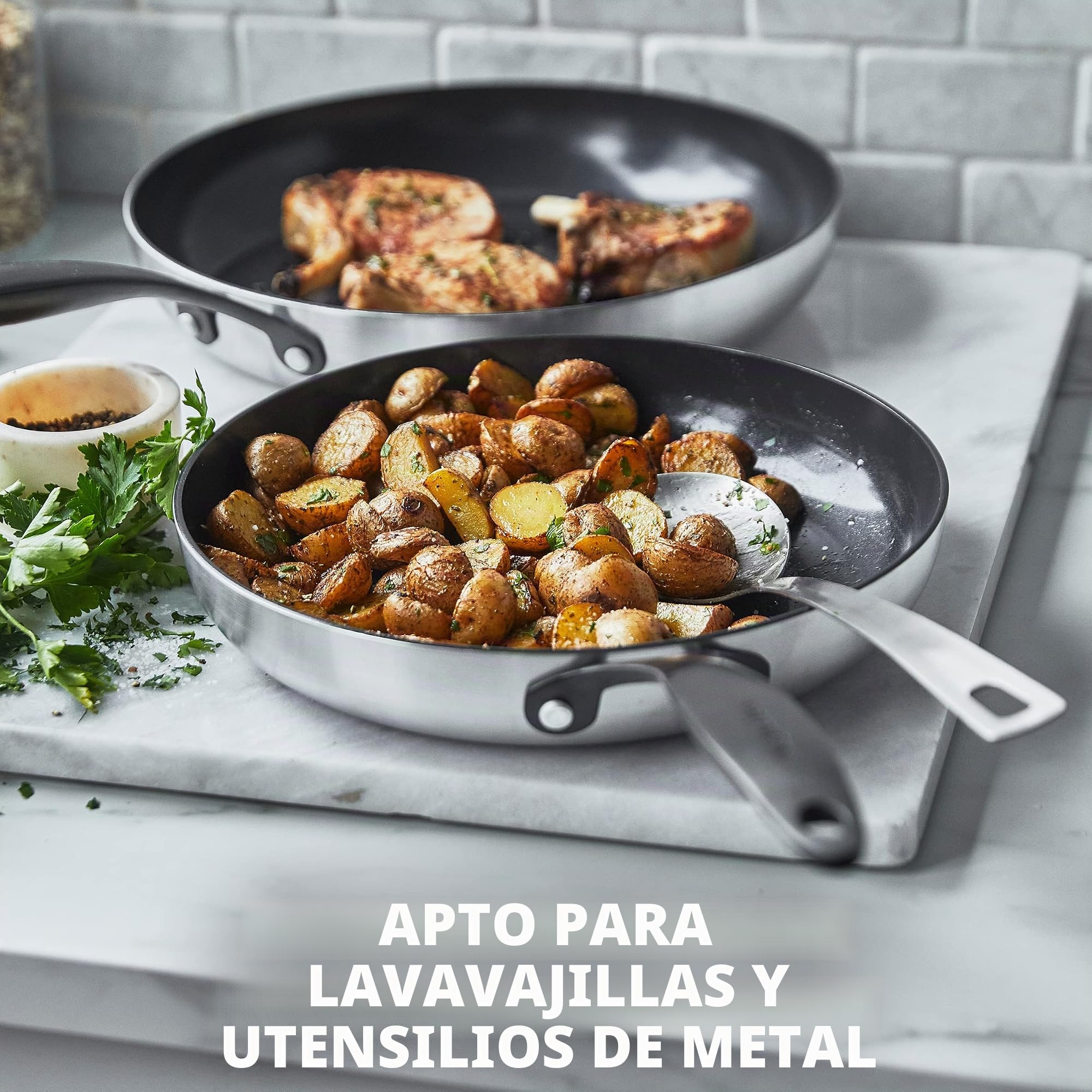 GreenPan Venice Pro Noir Juego de Sartenes de 20cm y 26cm de Acero Inoxidable Sano Cerámico Antiadherente, Mango Negro Mate, Libre de PFAS, Inducción, Apto para Lavavajillas, Apto para Horno, Plata