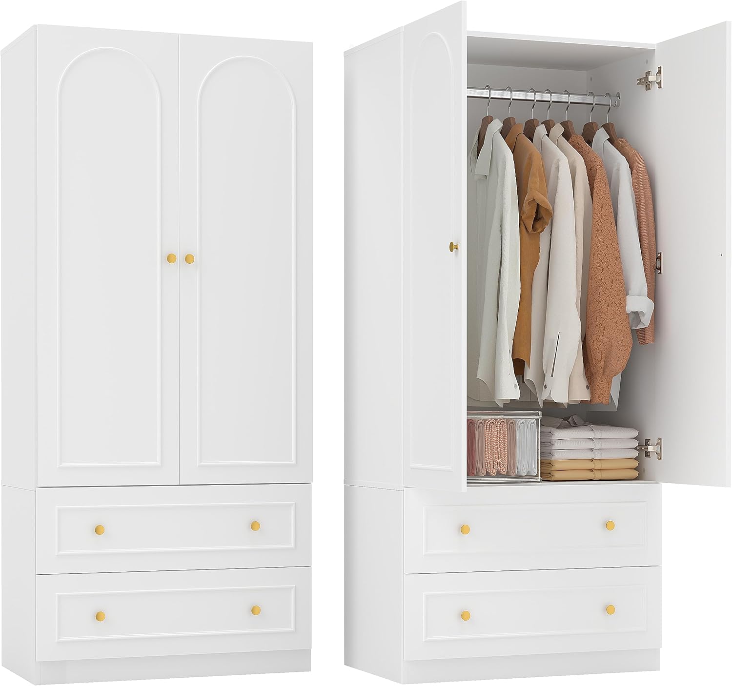 GOODONE 71" White Wooden Armoire Wardrobe Closet with 2 Doors, 2 Drawers & Removable Hanging Rod - Modern Bedroom Storage Cabinet