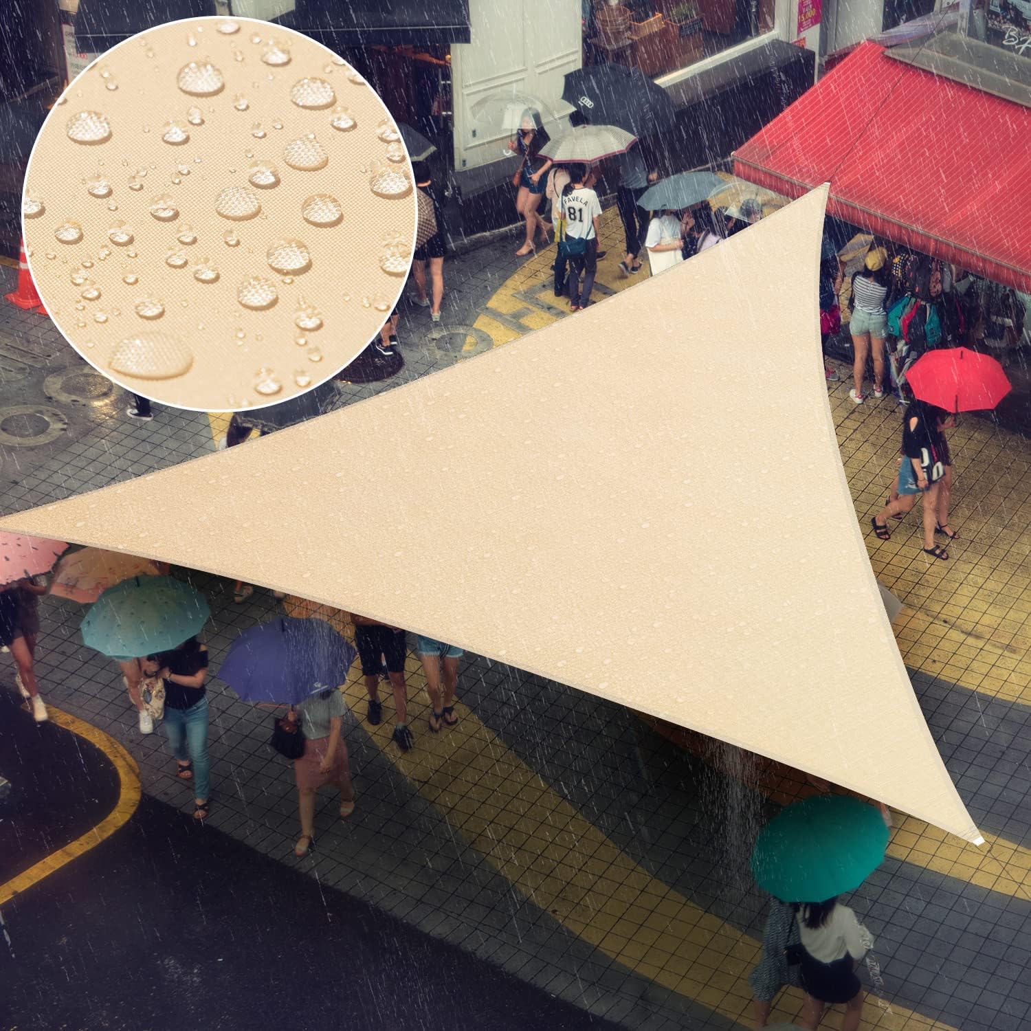 Amgo 5' x 5' x 5' Custom Size Beige Triangle Waterproof Sun Shade Sail Order to Make UPF50+ Canopy Awning, 95% UV Blockage Water Resistant, Backyard Patio Garden (We Customize)