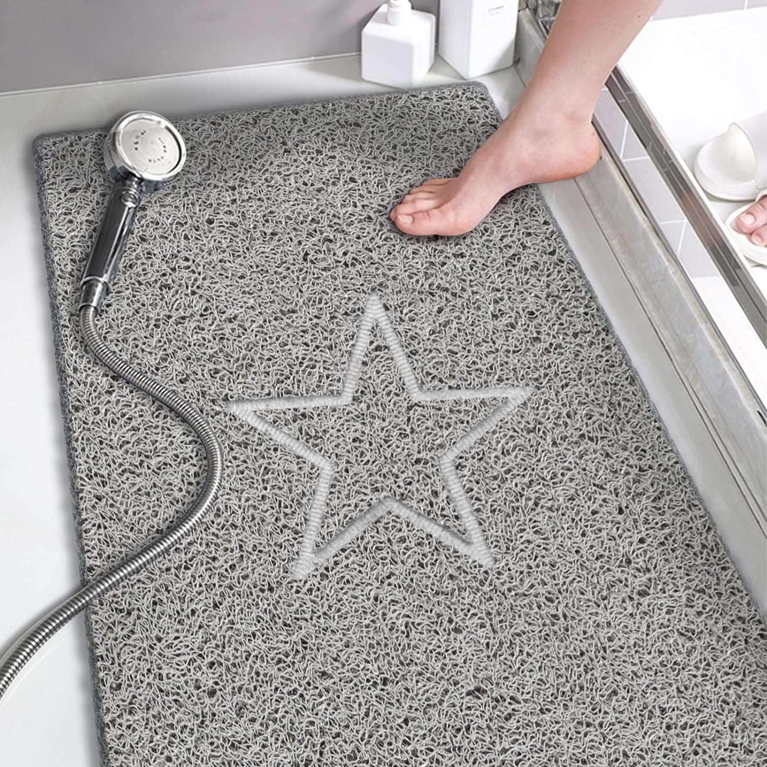Nicoman Star Extra Long Bath Mat Non Slip Anti Mould, 40x100 cm Bath Mats for Inside Shower, Rectangular Loofah Grey Bathmats for Bathtubs Toilet Bathroom Floor, PVC Bathtub Runner for Elderly