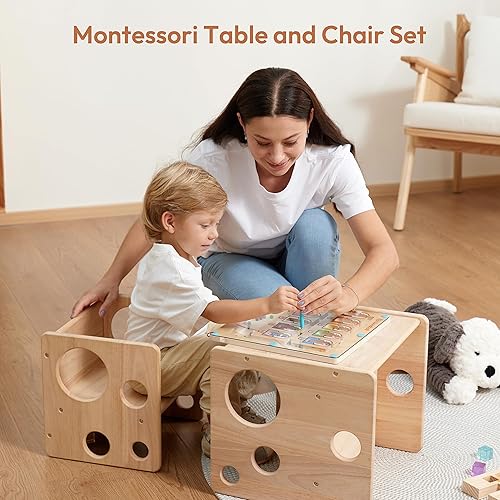 Miniatura 3 de Montessori - Juego de mesa y silla de destete para niños pequeños, mesa de madera maciza natural para niños y niñas, con laberinto magnético de
