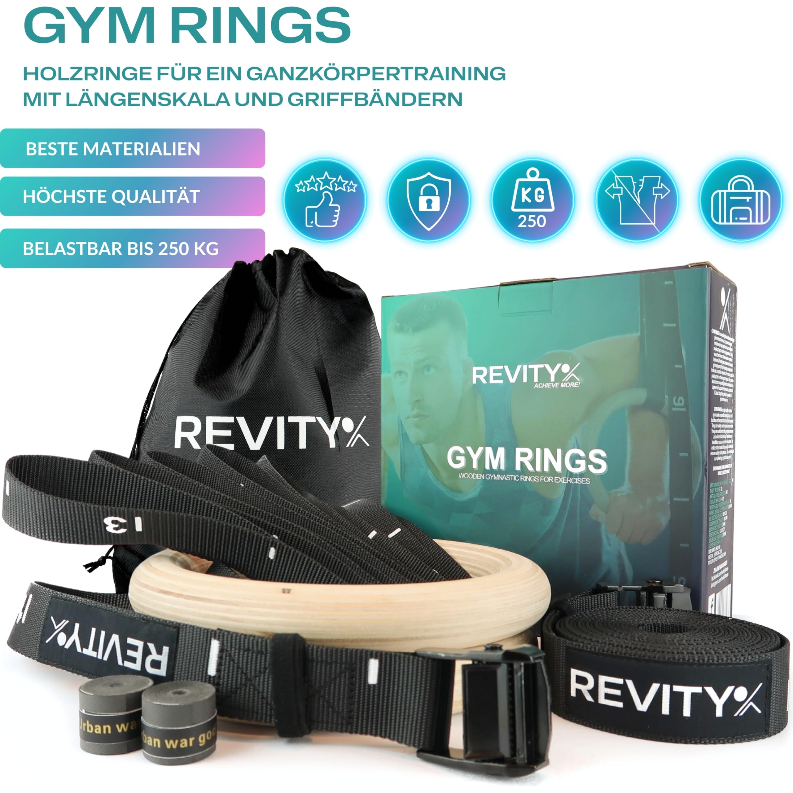 Turnringe Holz - Olympische Gymnastikringe für Crossfit, Ringe Calisthenics 32 mm, Gurte 450 x 3.8cm mit Markierungen, Maximale Belastung 250 kg, Griffbänder, Trainingsplan als PDF, Tragetasche