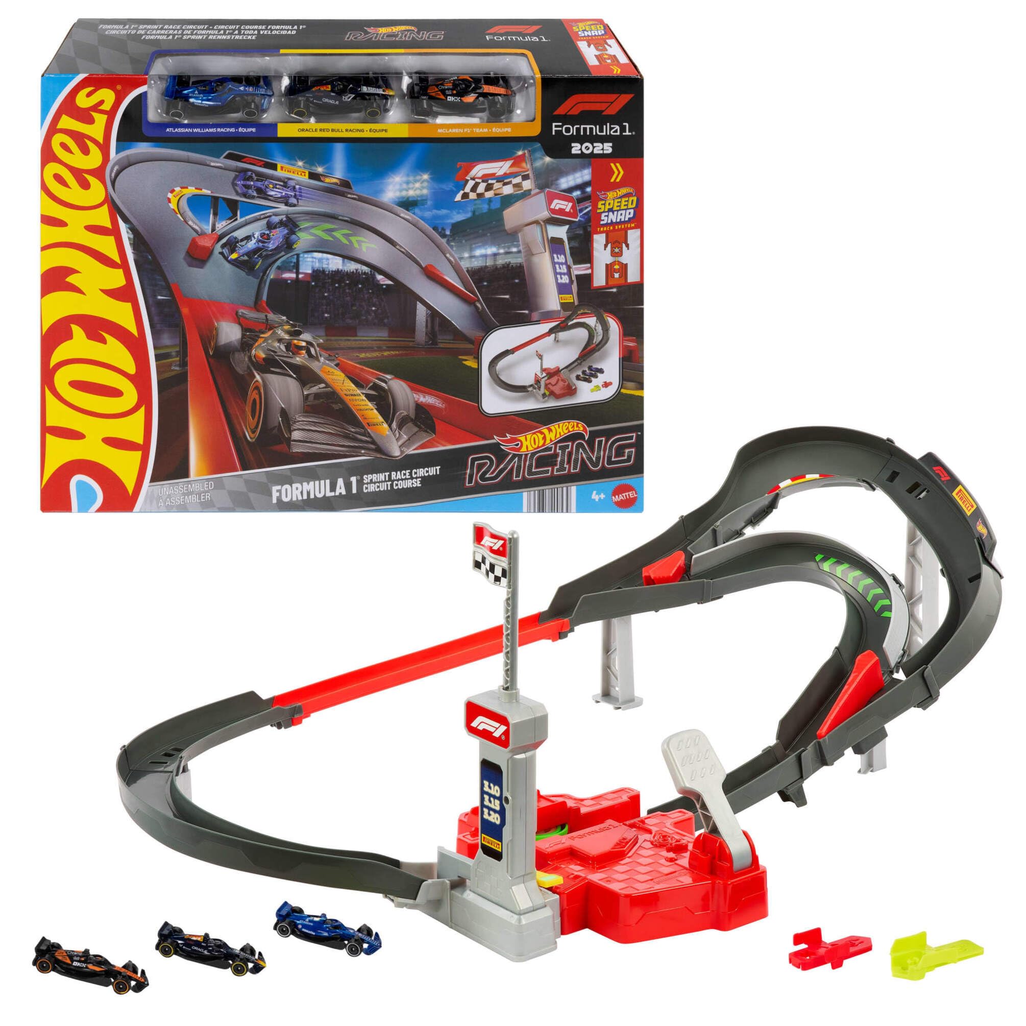 Hot Wheels Circuito Sprint Race con 3 Coches de Juguete | Circuito con coches de juguete McLaren F1 Team, Oracle Red Bull Racing y Atlassian Williams Racing a escala 1:64, JNN32