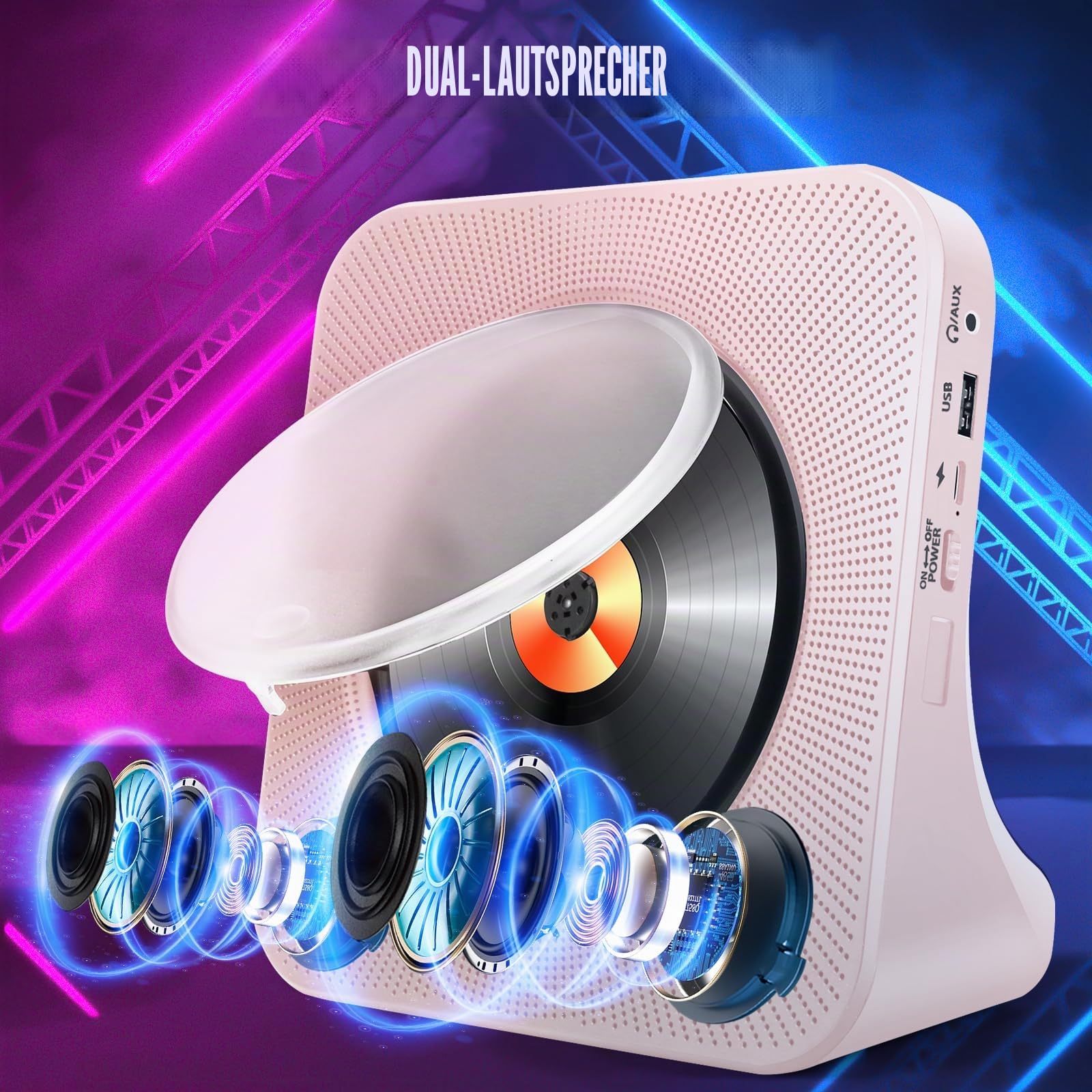 Tragbarer CD-Player mit Bluetooth, HoneTeek Desktop-Player für Heim-HiFi-Lautsprecher, CD-Musik-Fernbedienung, Timer und FM-Radio, Boombox, USB-AUX, LED-Bildschirm-Display (Rosa), (JZBA-CDBA02PK)