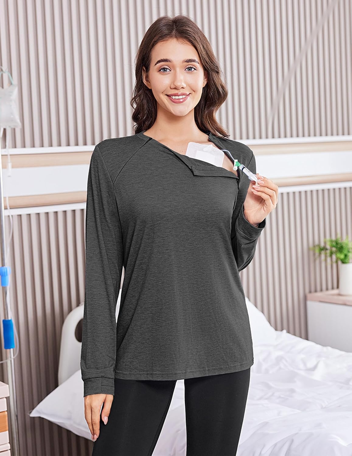 Deyeek Chemo Shirts for Port Access Women Long Sleeve Shoulder Post Surgery Shirt Dialysis Sweatshirts with Arm Zipper - Image 2