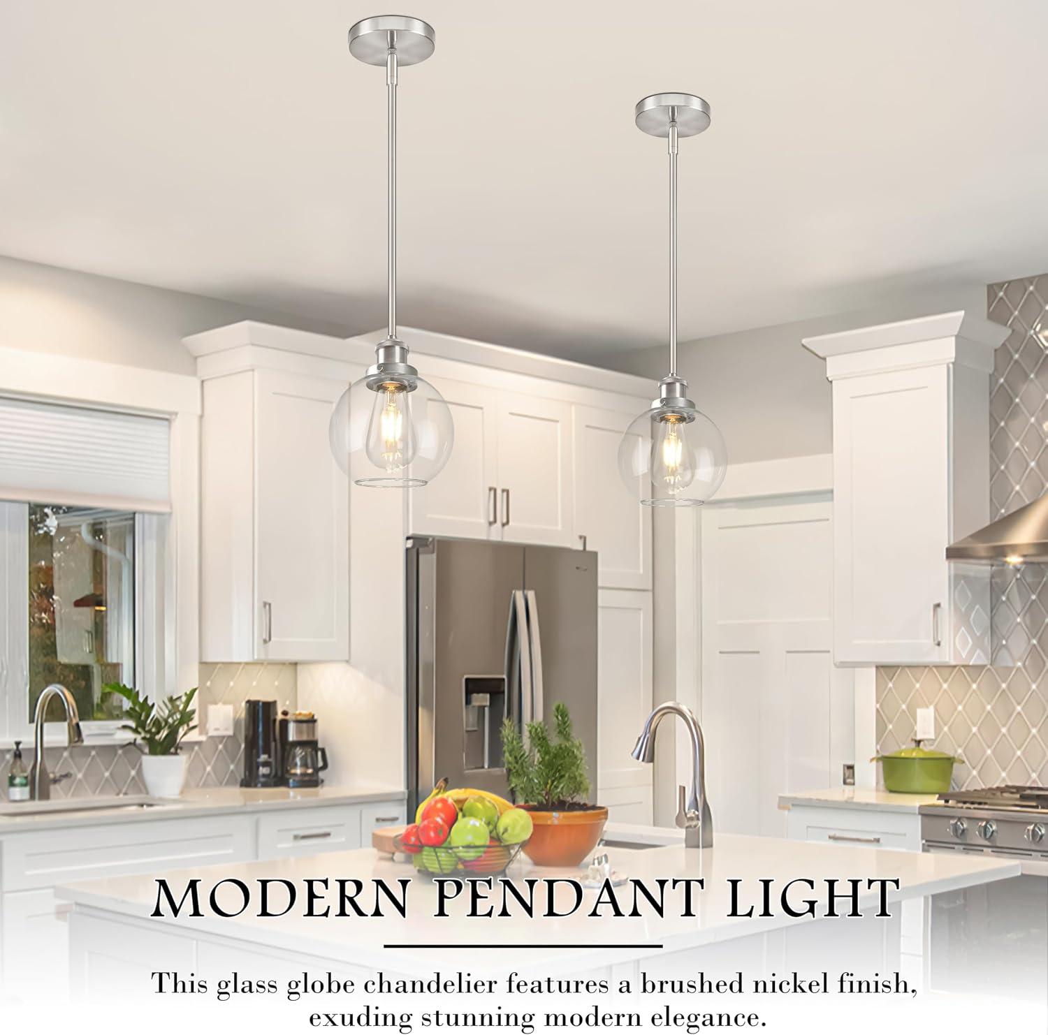 Bagood 6 Inch Nickel Mini Hanging Pendants Light Contemporary Globe Pendant Kitchen Island Modern Pendant Lights with Clear Glass Adjustable Hanging Light Fixture for Dining Room Bedroom (Bulb Incl.)