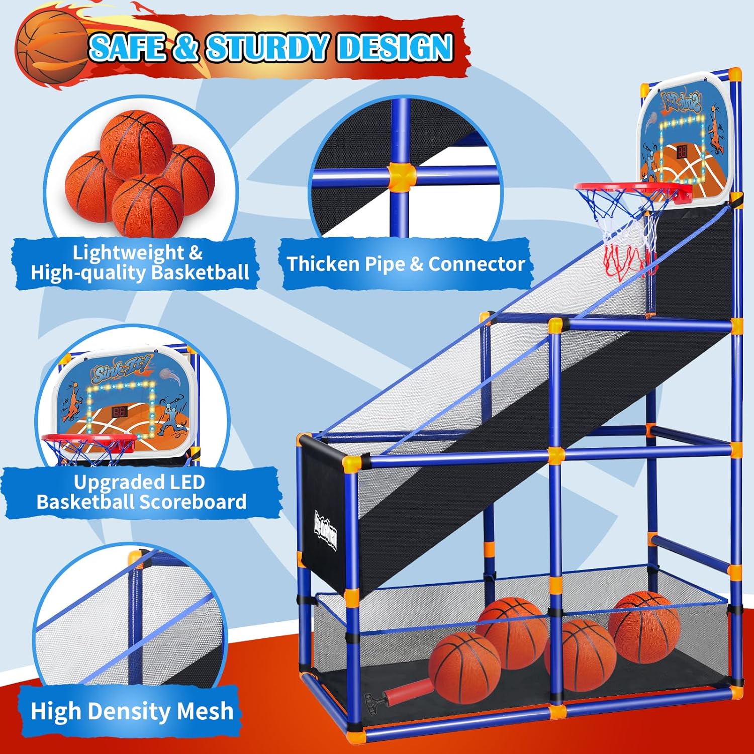LED Arcade Basketball Game Set w/Electronic Scoreboard for Kids, Boy Toys Basketball Hoop with 4-5 Balls for 3-12 Years Old, Adjustable Height w/Pump & Storage Net for Indoor Outdoor Sports Play