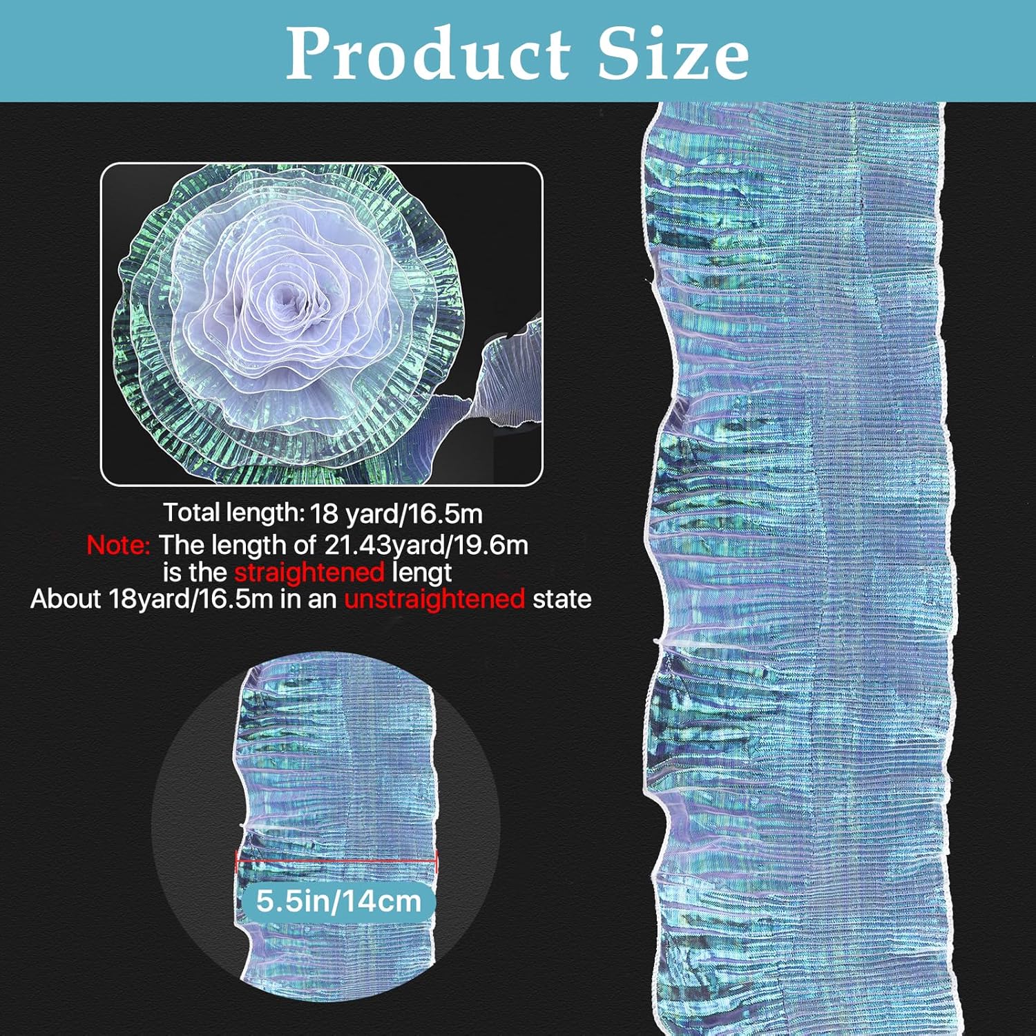 18 Yards Pleated Lace Fabric Trim, Iridescent Fabric Trim for Sewing Dress Bag Costume Decoration Craft (Iridescent White)