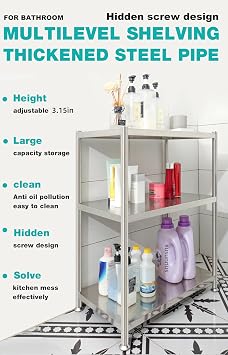 5 Shelf Unit Stainless Steel Storage Rack Kitchen Bakers Rack Microwave Stand Heavy Duty Adjustable Storage Shelf for Kitchen Pantry Warehouse Bright Silver | スタンドシェルフユニット、水リップルパターン、床の高さ調整、調節可能な足、隠しネジ、ガレージ、倉庫用。