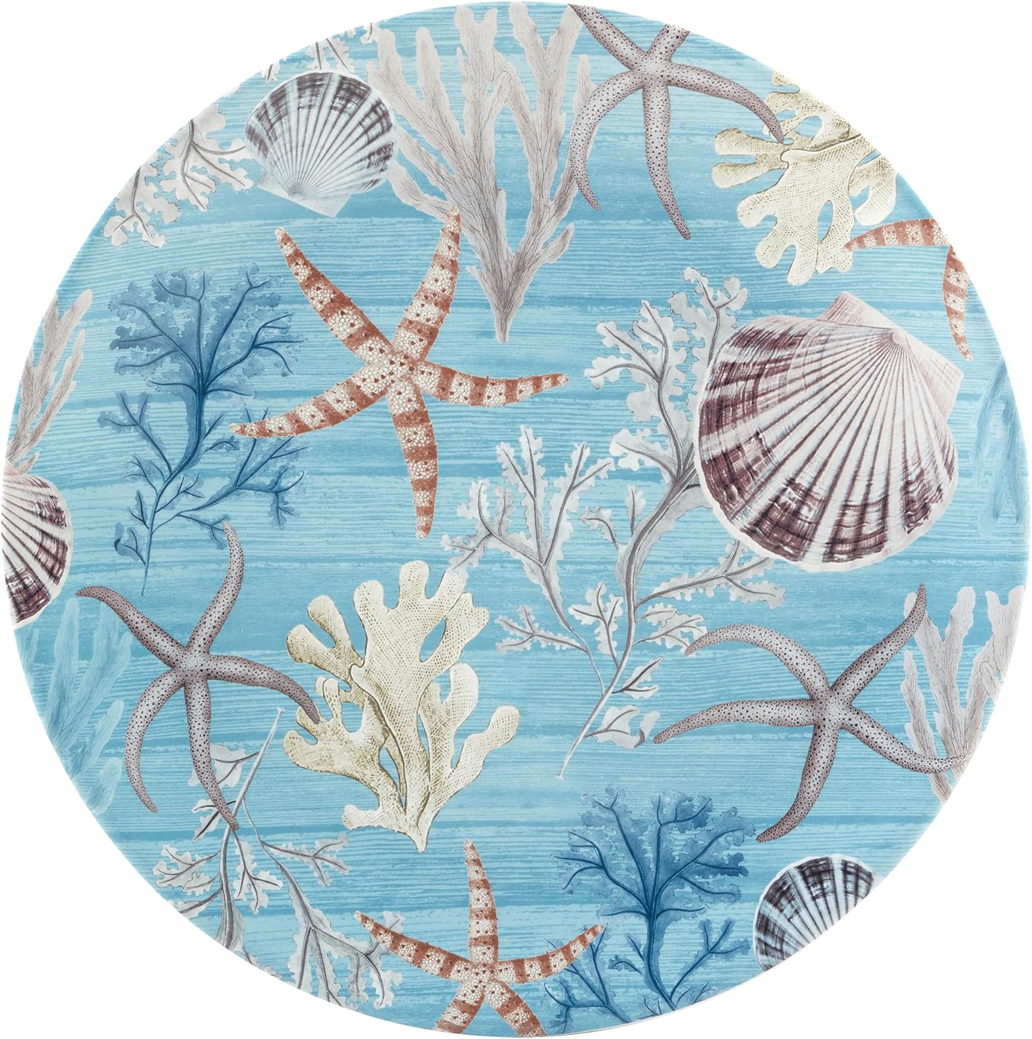 Beyond The Shore 13" Round Ceramic Serving Platter – Coastal Blue Design with Starfish, Shells & Coral – Ocean-Themed Plate for Appetizers, Seafood, Desserts & Beach House Centerpieces