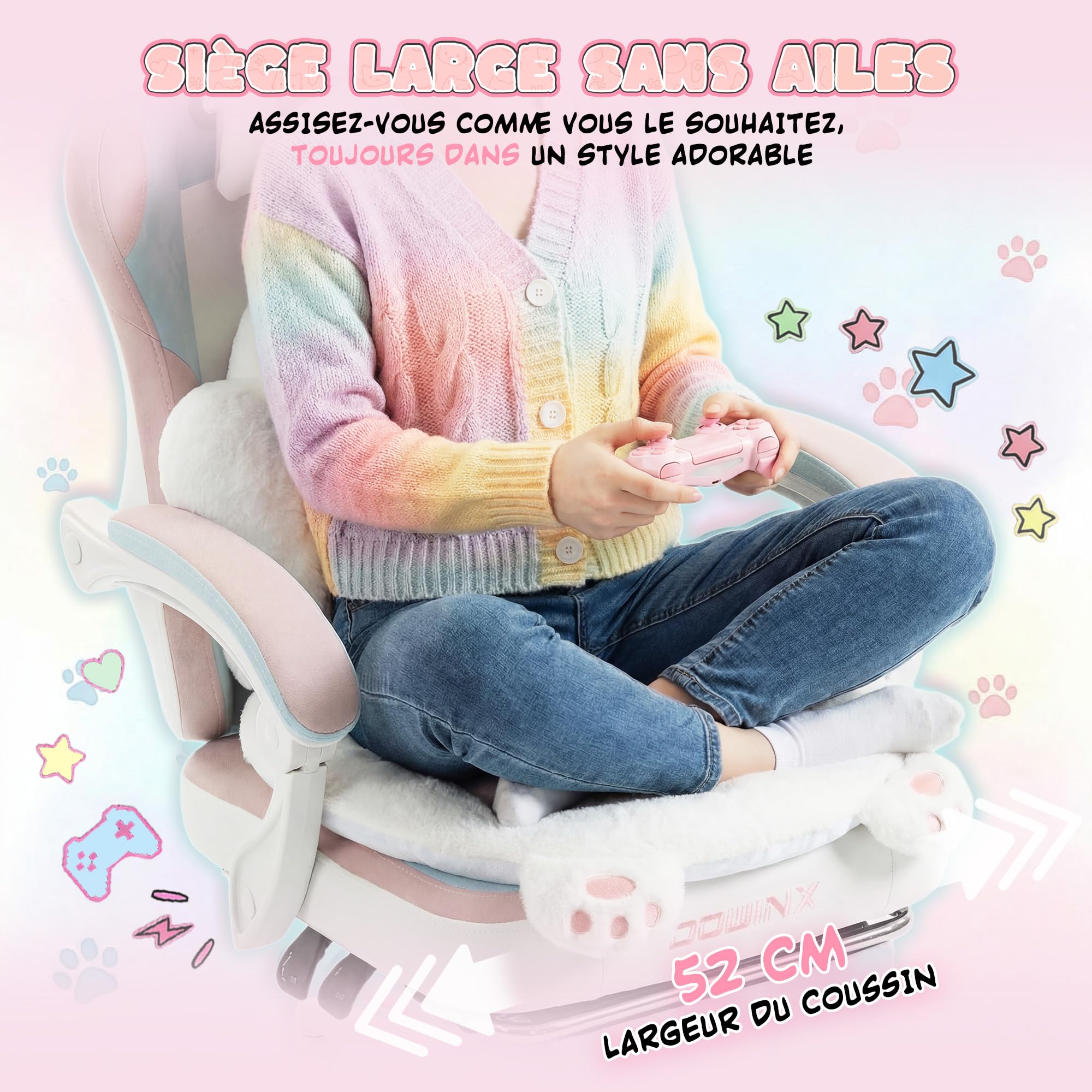 Dowinx Chaise de Gaming Ergonomique Multicolore et Blanc avec Repose-Pieds, Motif Pattes de Chat, en Tissu, Design d'assise sans Ailes, réglable, pour Adultes