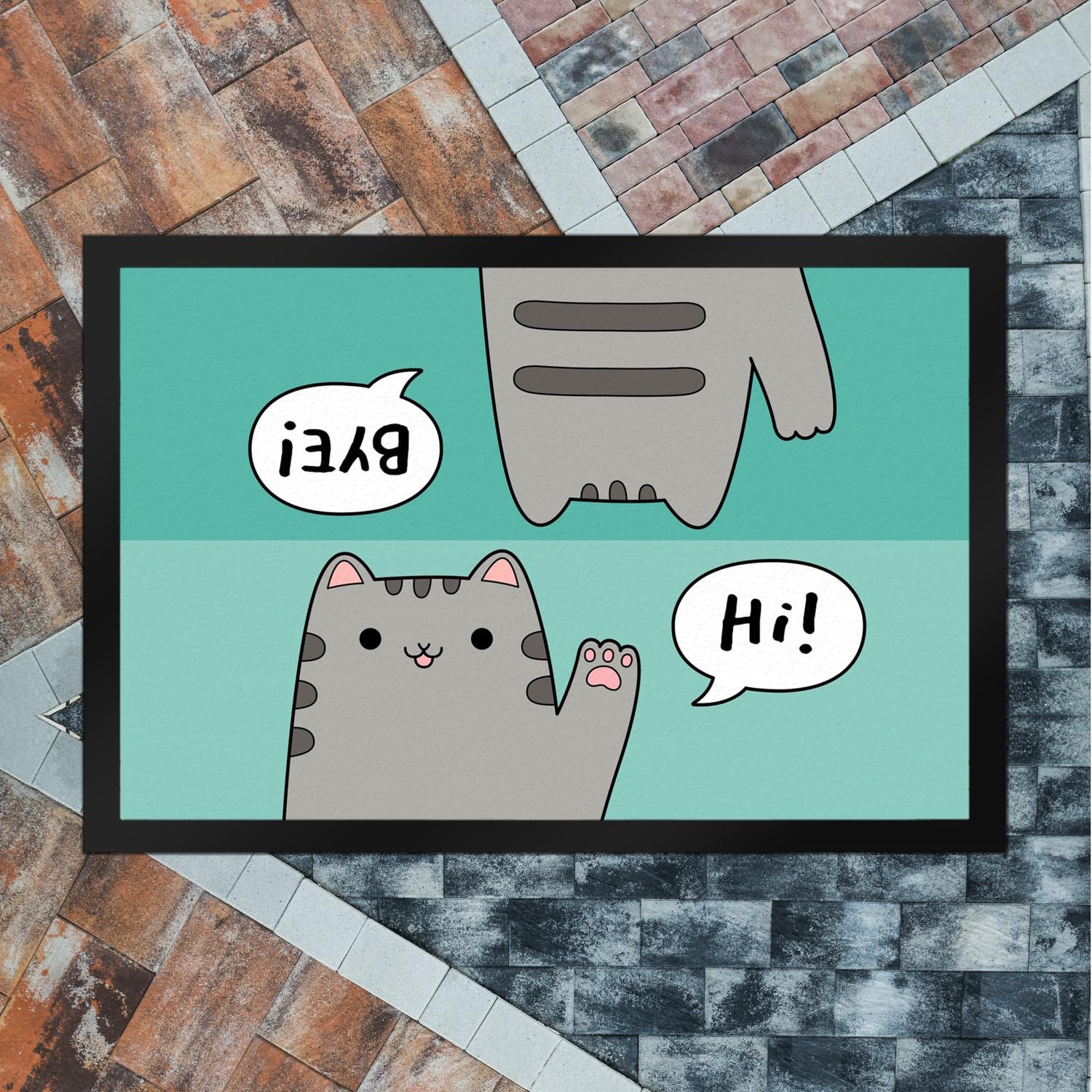 speecheese Katze Kawaii Fußmatte XXL in 50x75 cm mit Spruch Hi - Bye Neko süß Willkommen Besuch Hallo Tschüss Comic Doormat - Bezaubernde Katzenmotive für Haustür Flur Eingangsbereich