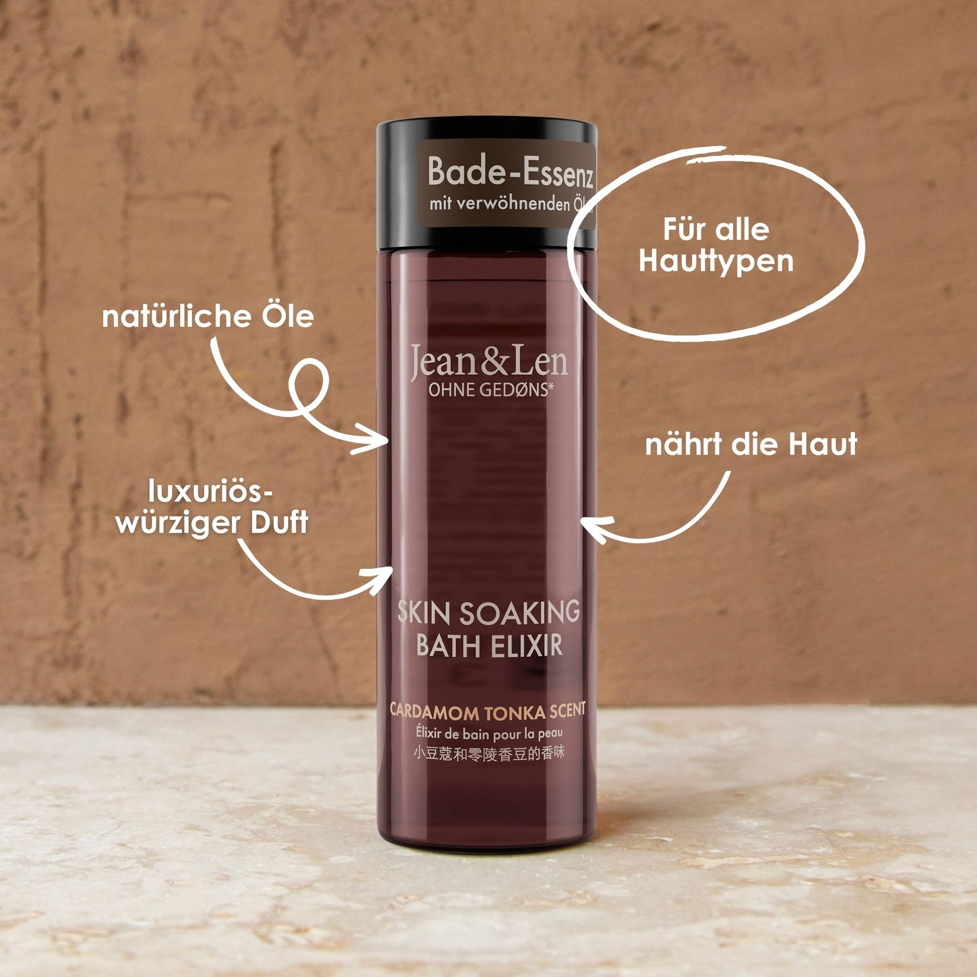 Jean & Len Bath Elixir Cardamon & Tonka, z naturalnymi olejkami, pozostawia przyjemne uczucie na skórze, korzenny zapach, olejek do kąpieli do wszystkich rodzajów skóry, bez parabenów i silikonów, 100